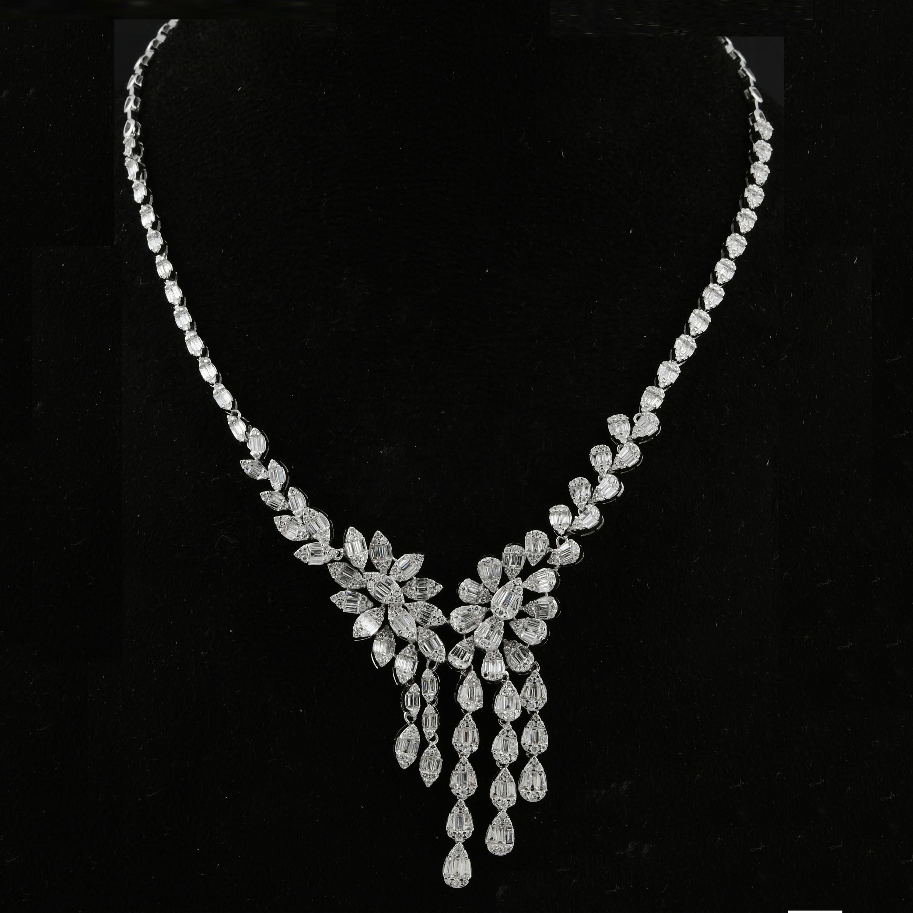Baguette Cut Baguette & Round Diamond Necklace 18 Karat White Gold Handmade Jewelry For Sale