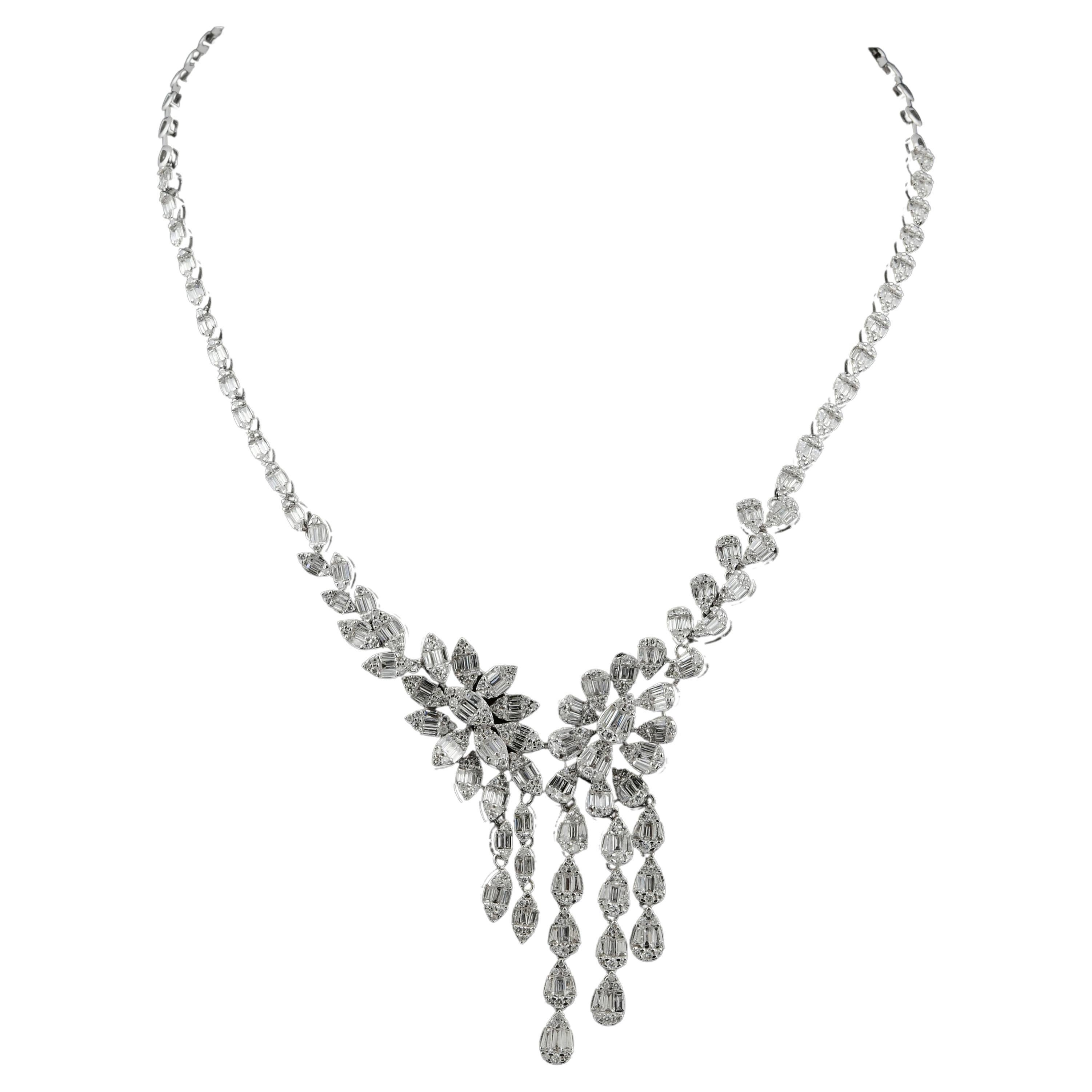 Baguette & Round Diamond Necklace 18 Karat White Gold Handmade Jewelry For Sale
