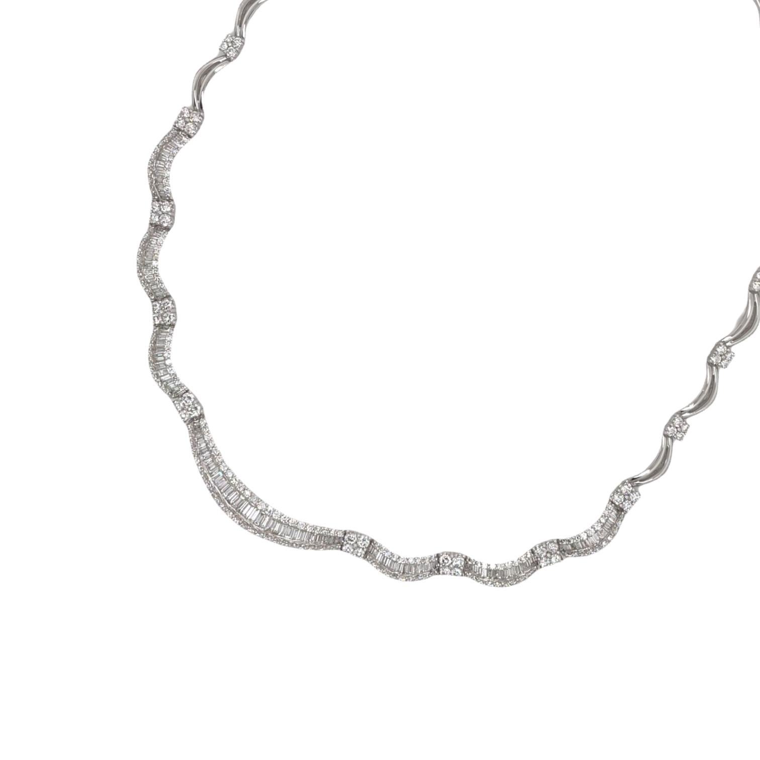 Romantic Baguette & Round Diamond Necklace in 18k White Gold For Sale