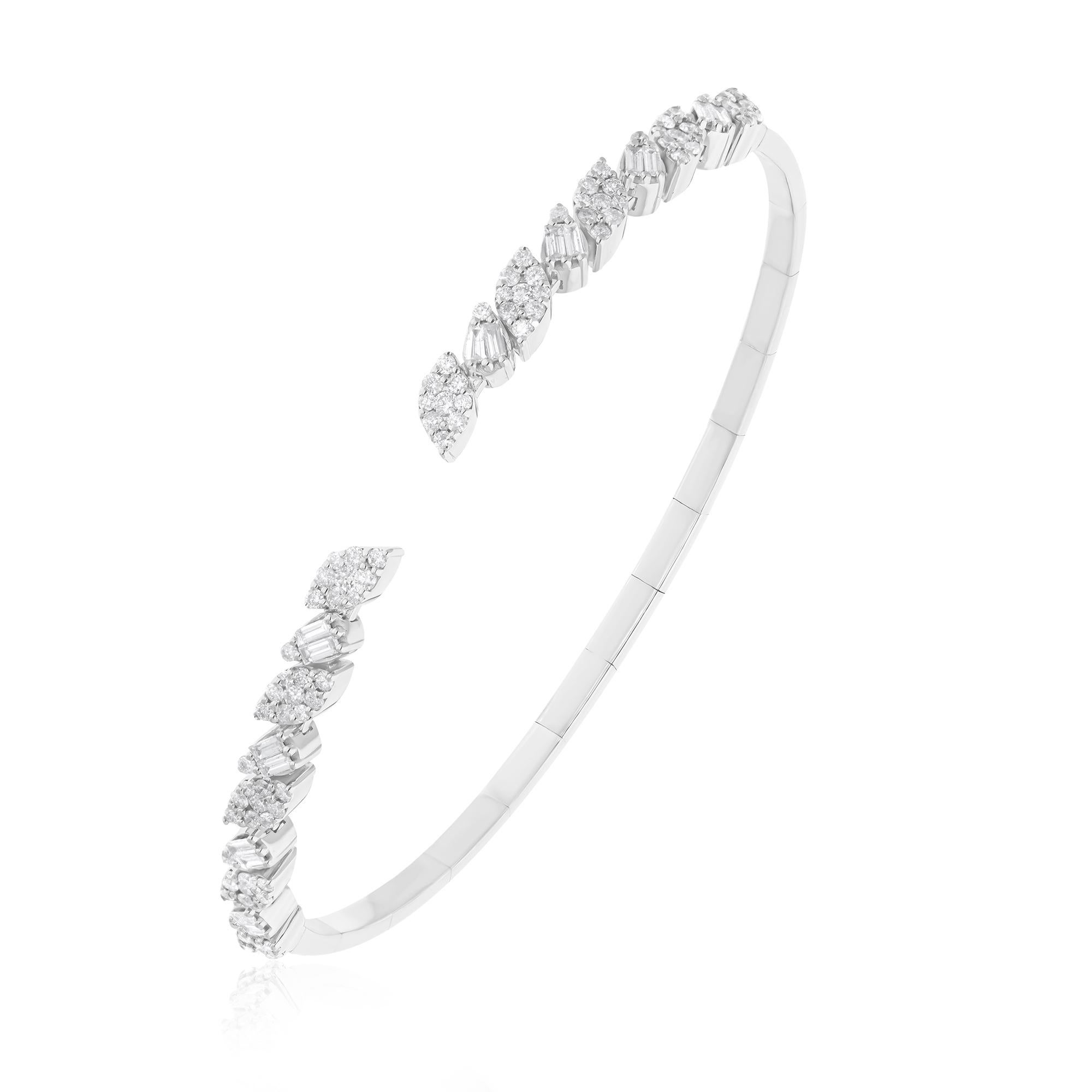 Modern Baguette & Round Diamond Open Bangle 14 Karat White Gold Cuff Bracelet Jewelry For Sale