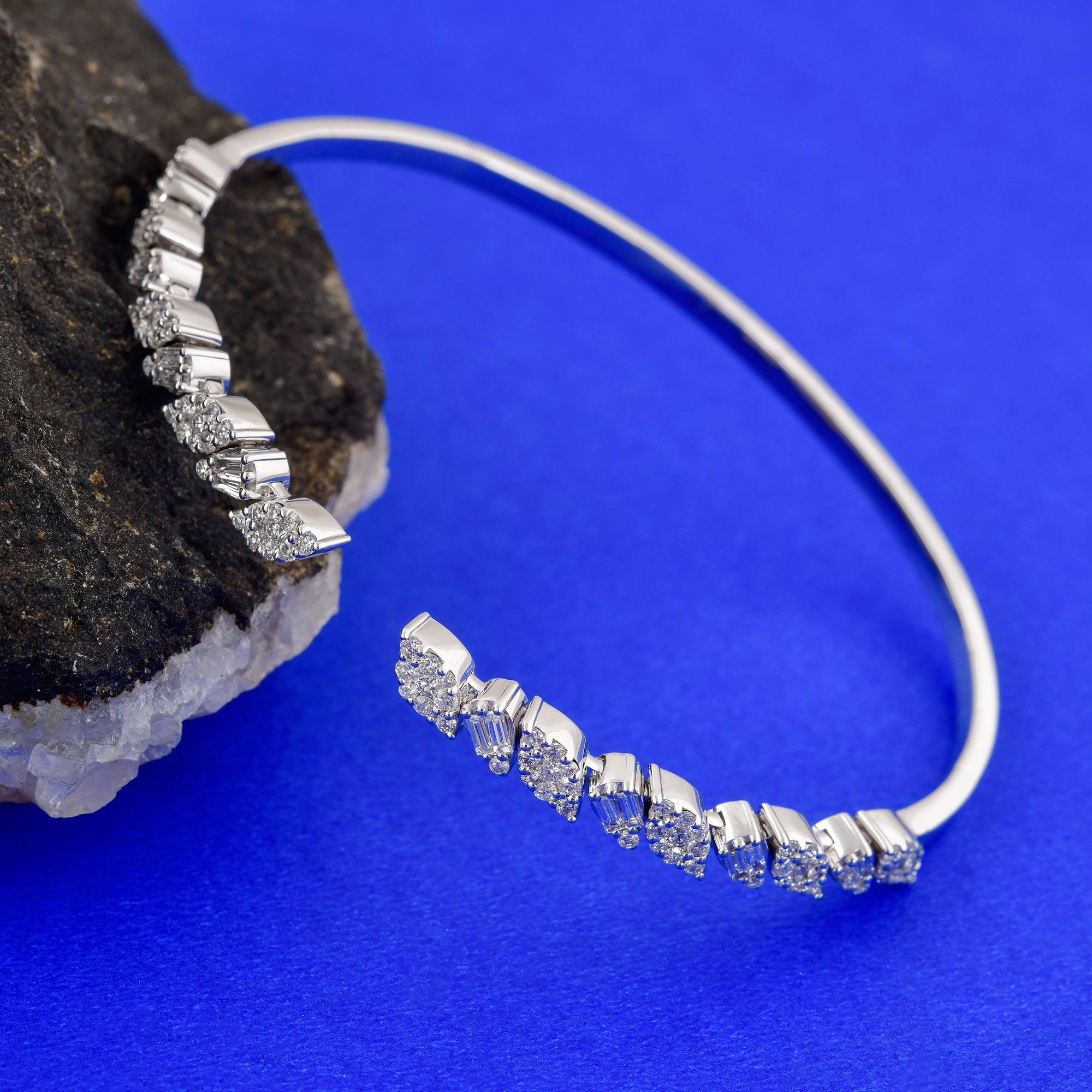 Women's Baguette & Round Diamond Open Bangle 14 Karat White Gold Cuff Bracelet Jewelry For Sale