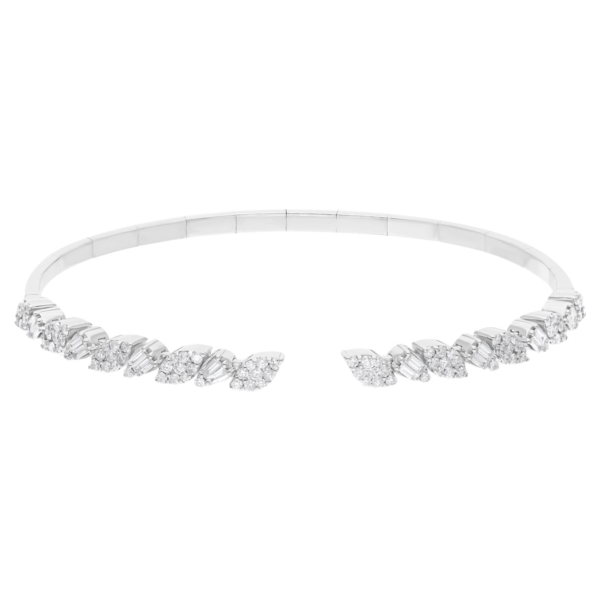 Baguette & Round Diamond Open Bangle 14 Karat White Gold Cuff Bracelet Jewelry