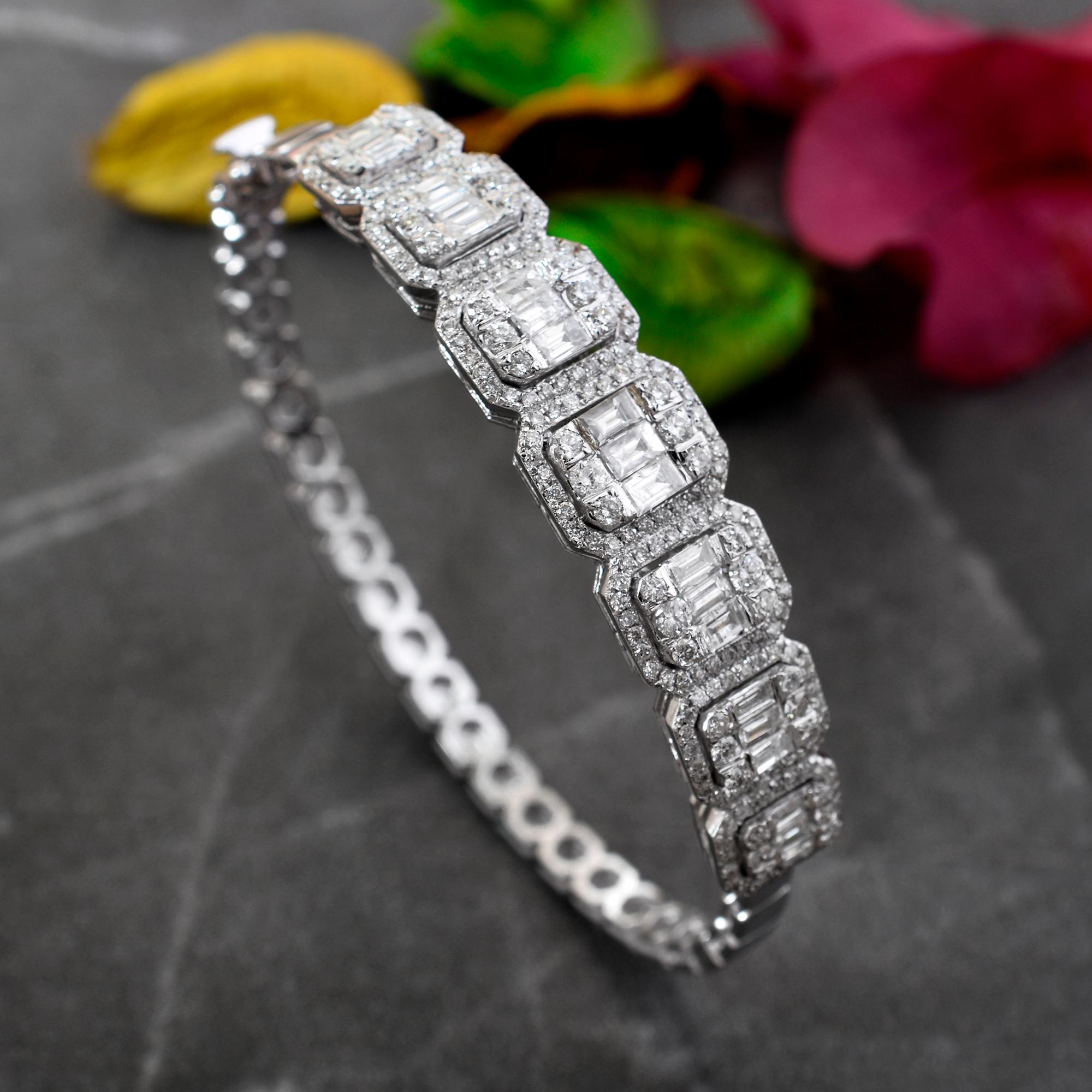 The design of the bracelet is both sleek and sophisticated, with a timeless silhouette that complements any ensemble. Whether worn alone as a statement piece or layered with other bracelets for a more personalized look, this Baguette Round Diamond
