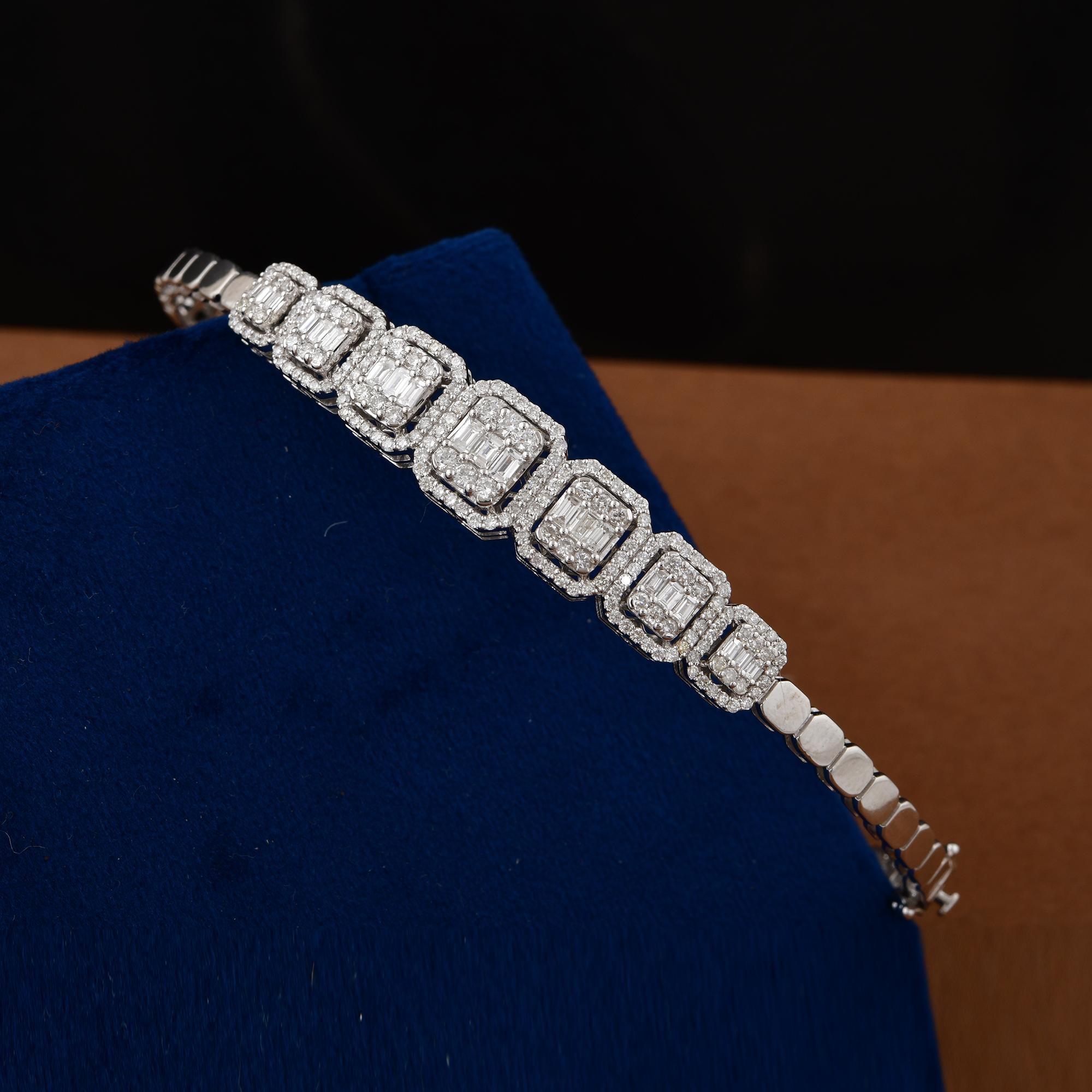 Baguette Round Diamond Pave Bangle Bracelet 18 Karat White Gold Fine Jewelry For Sale 1