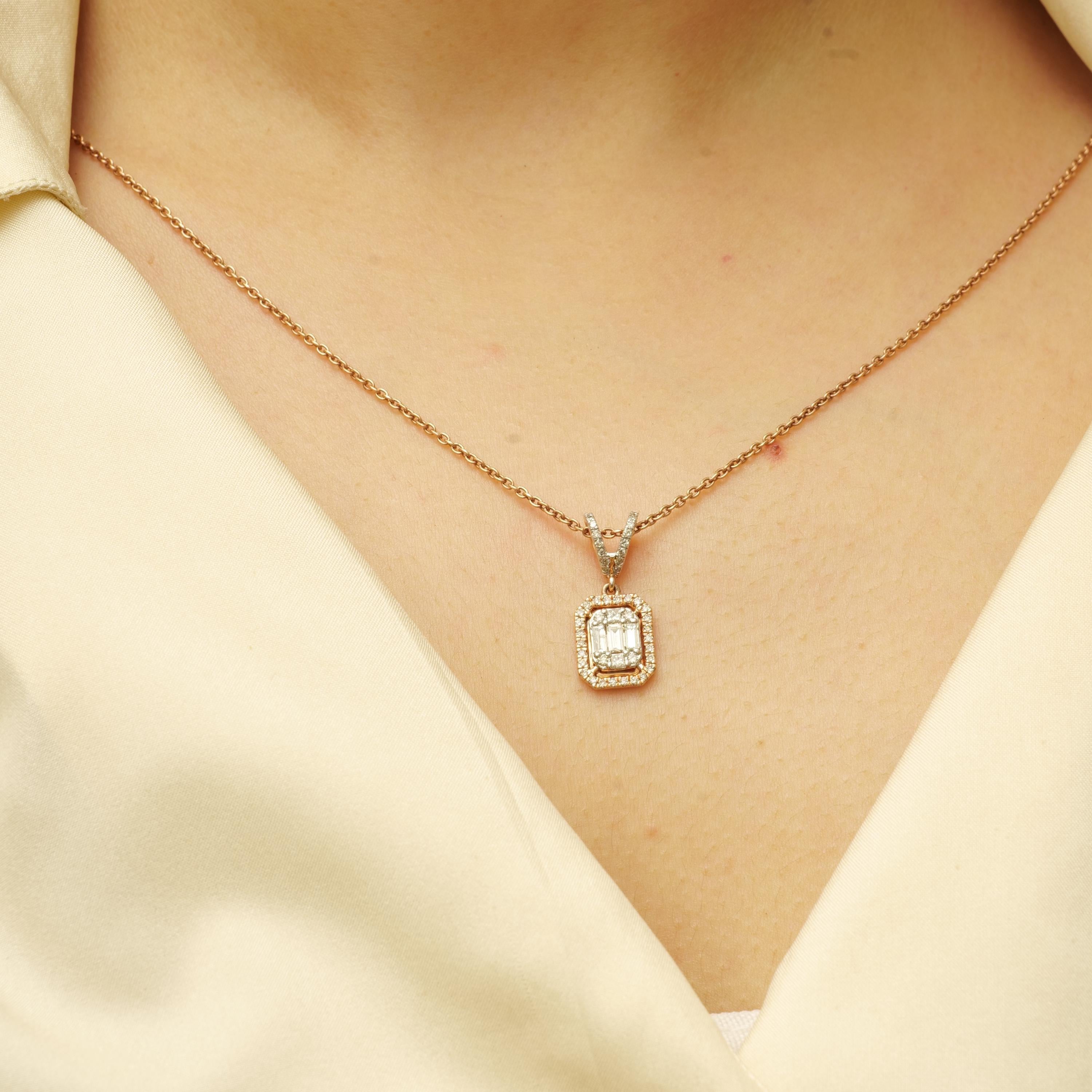 Baguette & runder Diamant Anhänger Halskette aus 14K massivem Gold (zertifiziert) (Rundschliff) im Angebot