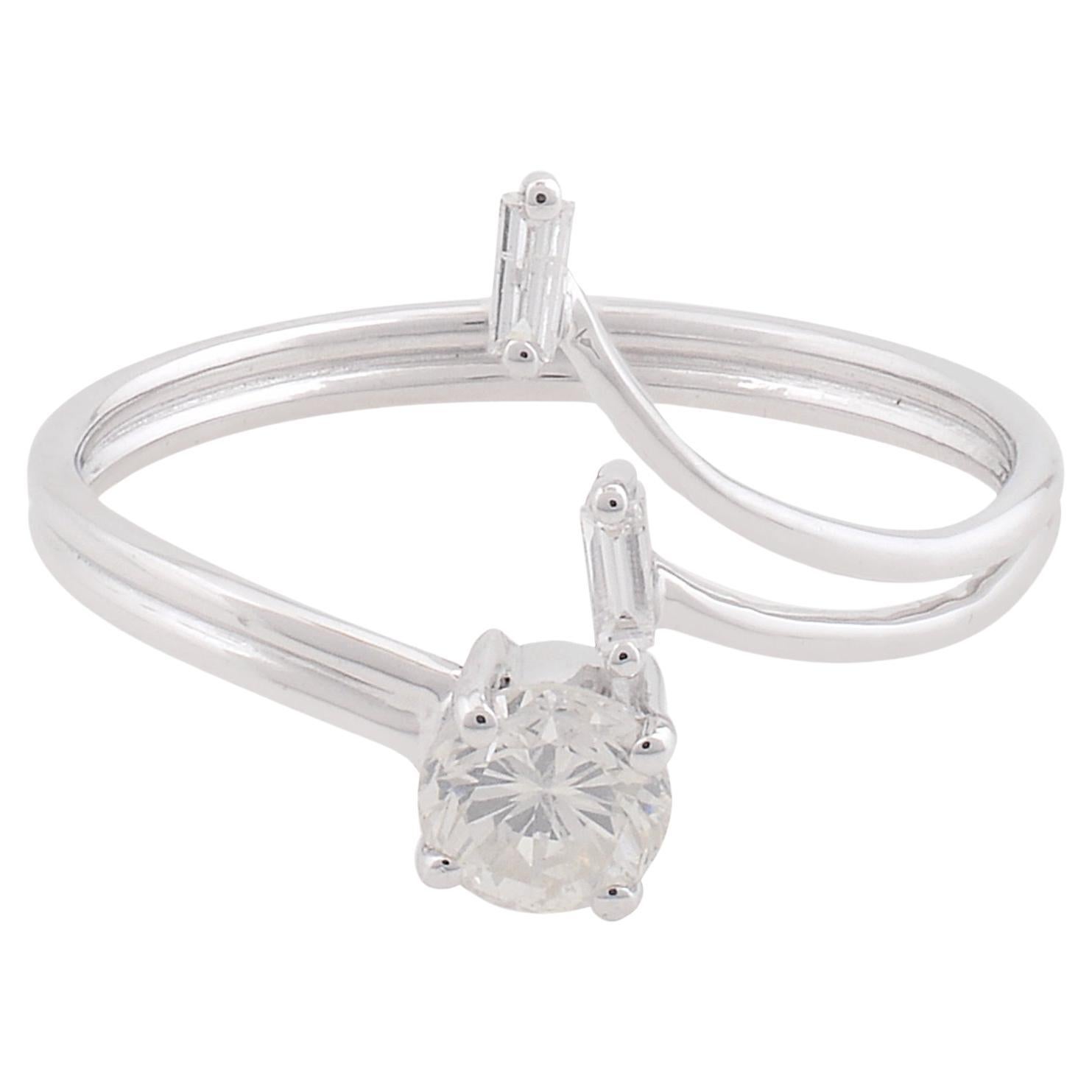 Baguette & Round Diamond Promise Ring 10 Karat White Gold Handmade Fine Jewelry For Sale