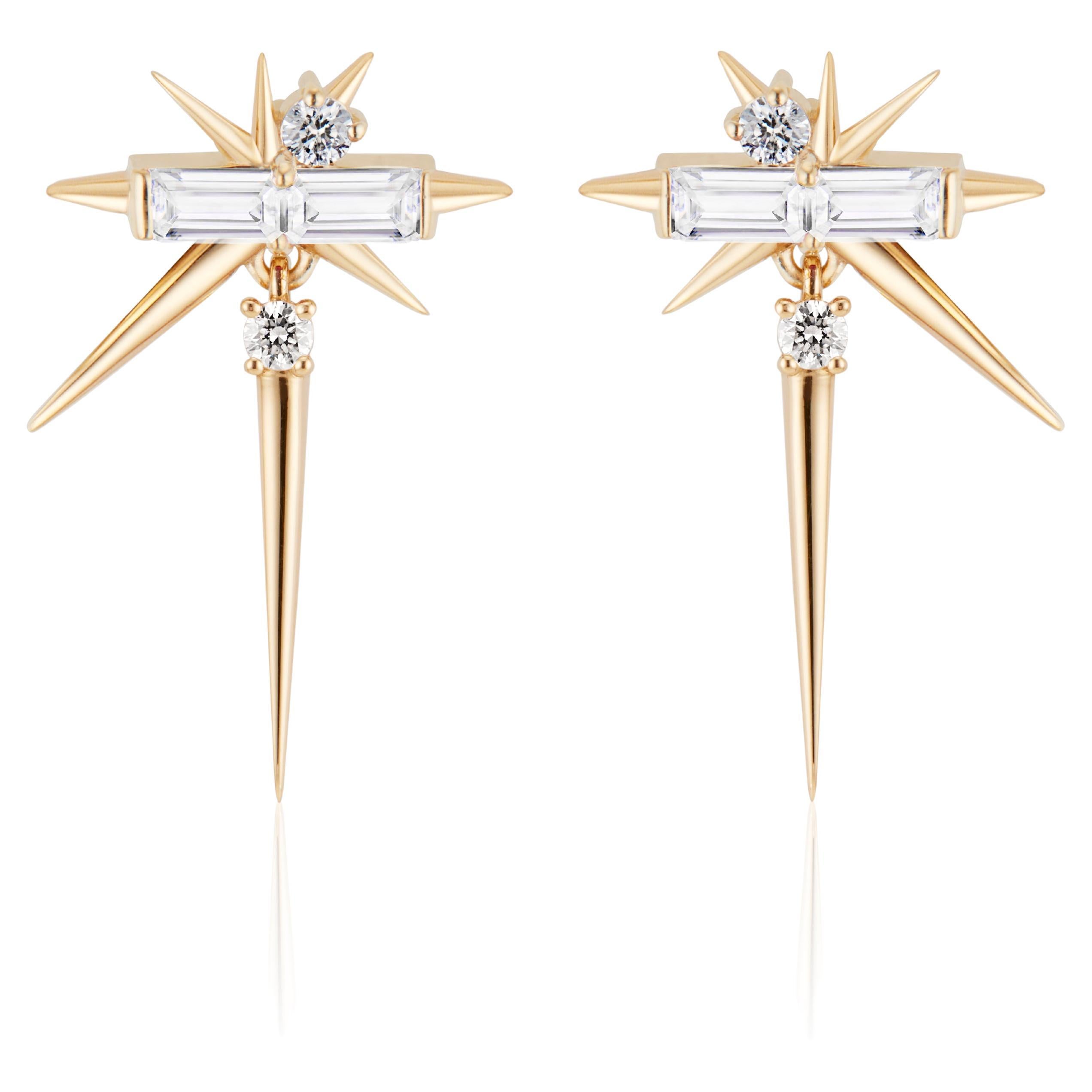 Baguette & Round Diamond Spike Drop Earrings For Sale