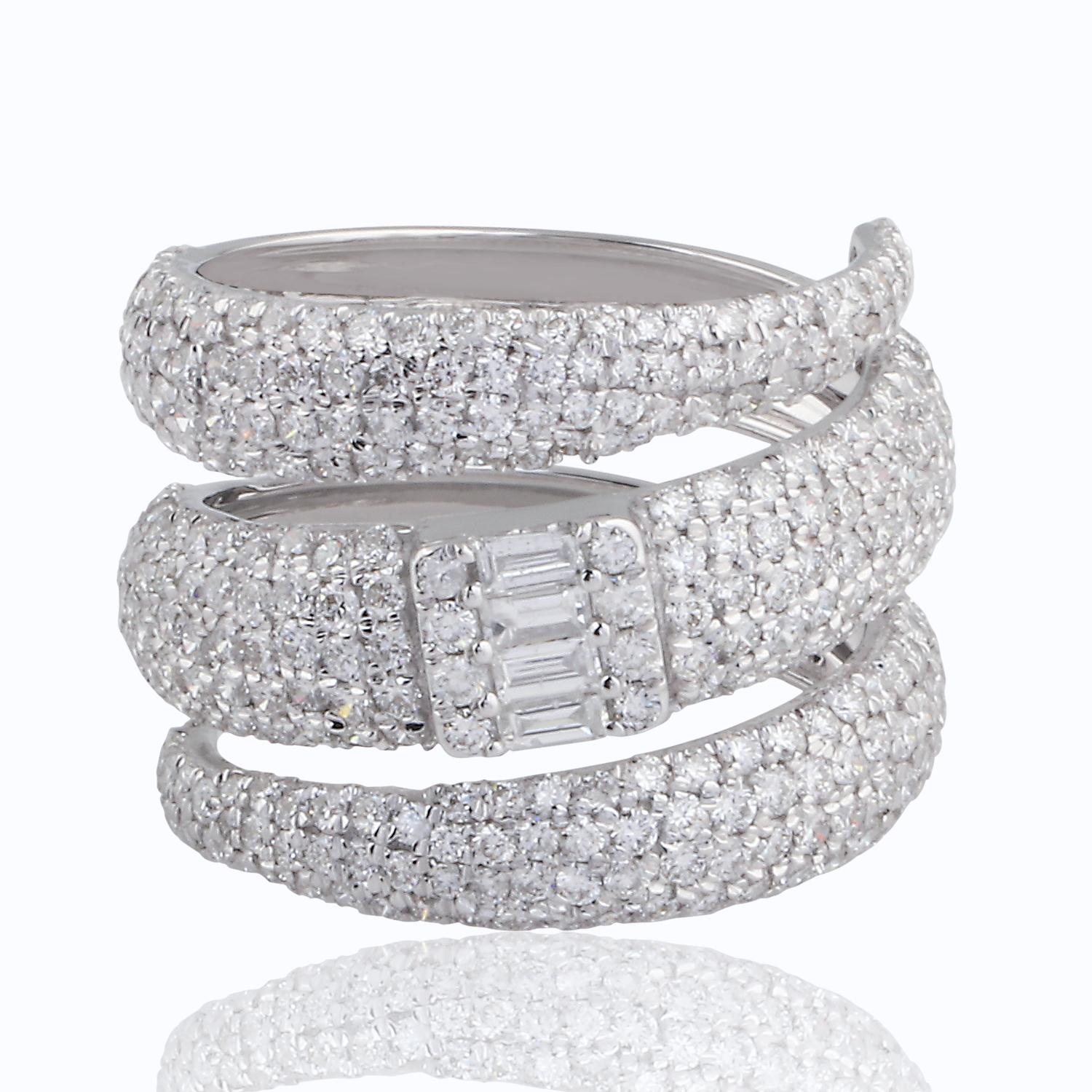 Women's Baguette & Round Diamond Spiral Ring 18 Karat White Gold Handmade Jewelry For Sale