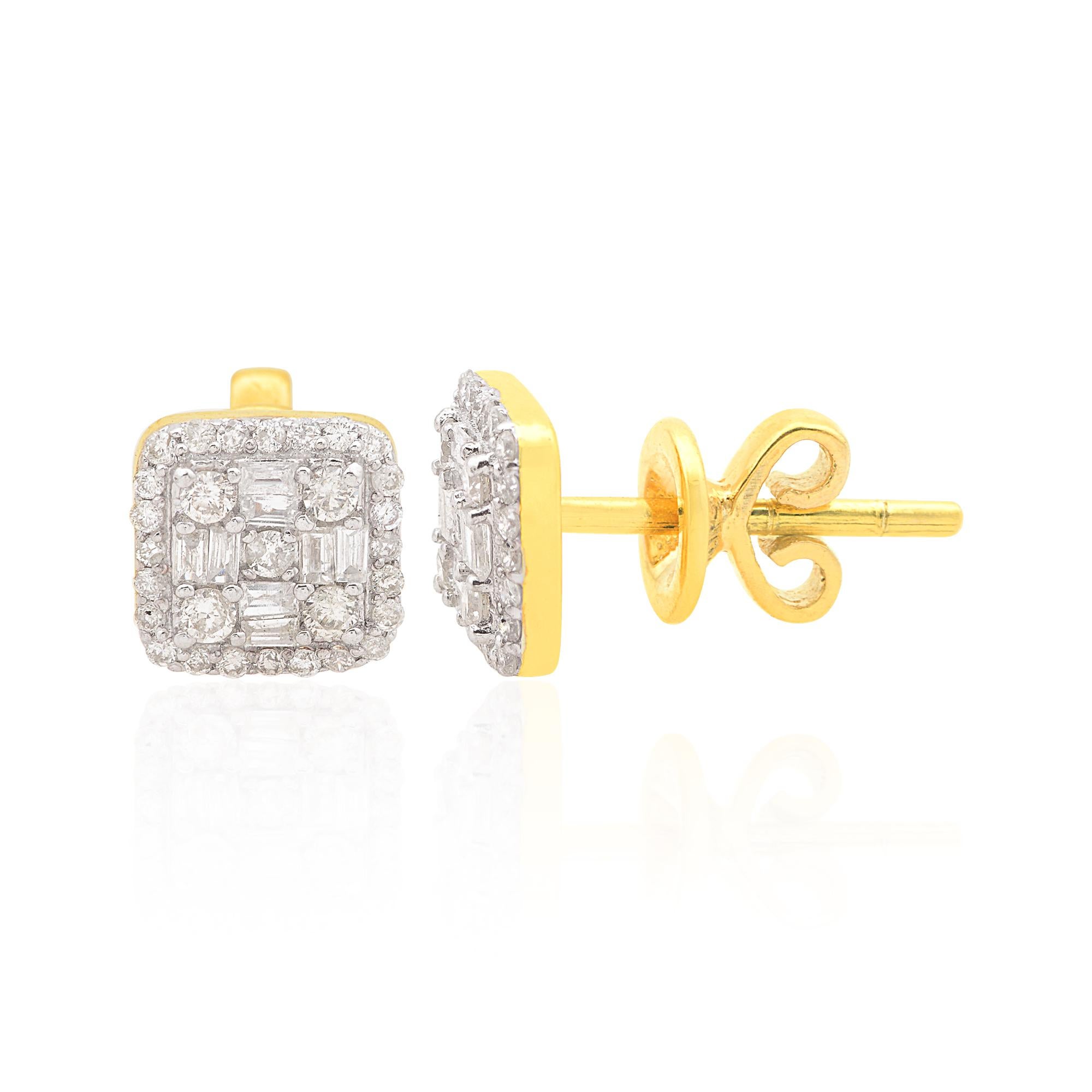 Modern Baguette & Round Diamond Square Stud Earrings 10 Karat Rose Gold Fine Jewelry For Sale