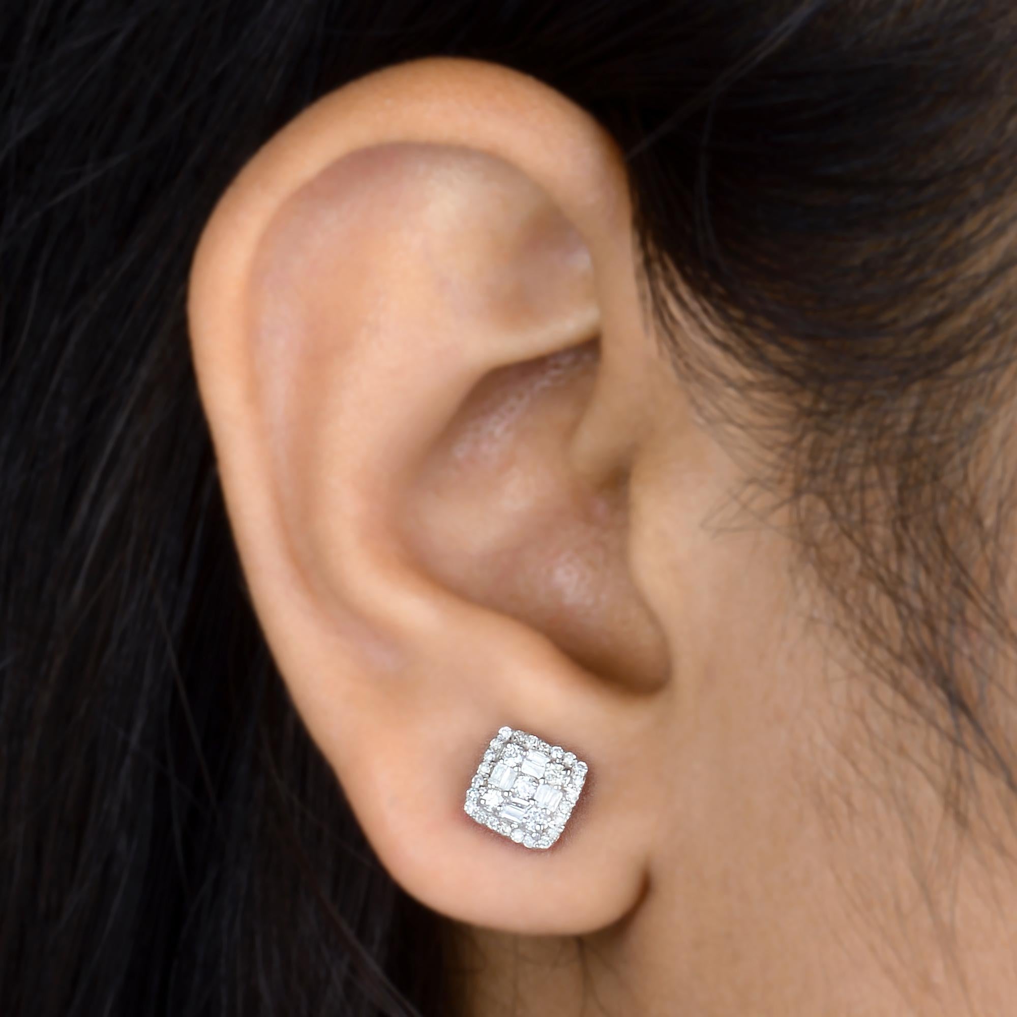 Round Cut Baguette & Round Diamond Square Stud Earrings 10 Karat Rose Gold Fine Jewelry For Sale
