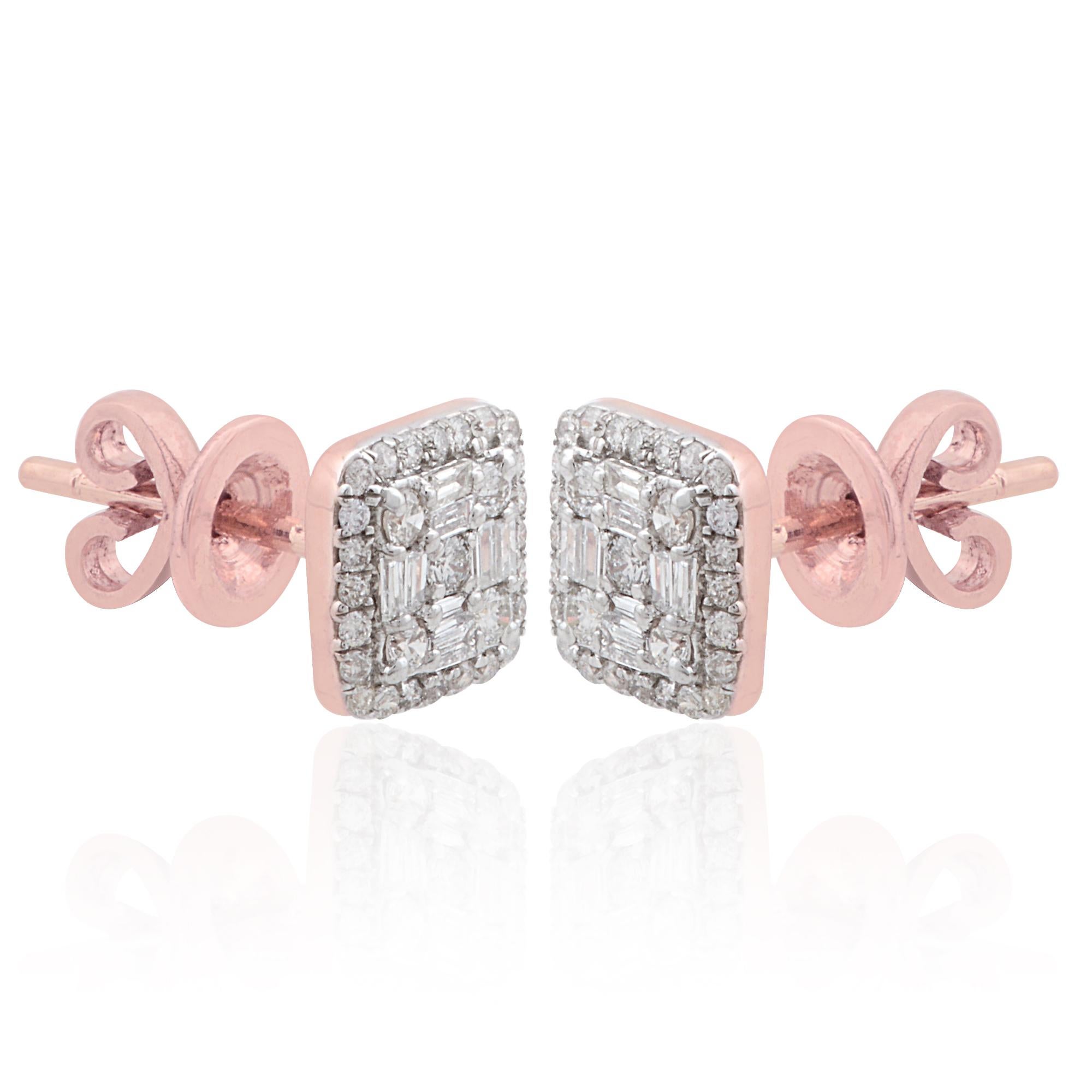 Women's Baguette & Round Diamond Square Stud Earrings 10 Karat Rose Gold Fine Jewelry For Sale