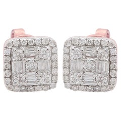 Baguette & Round Diamond Square Stud Earrings 10 Karat Rose Gold Fine Jewelry