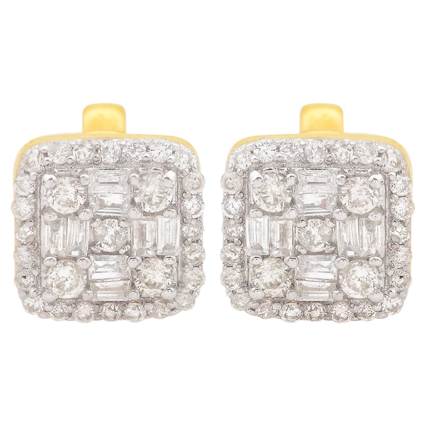Baguette & Round Diamond Square Stud Earrings 10 Karat Rose Gold Fine Jewelry For Sale