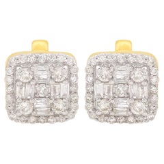 Baguette & Round Diamond Square Stud Earrings 10 Karat Rose Gold Fine Jewelry