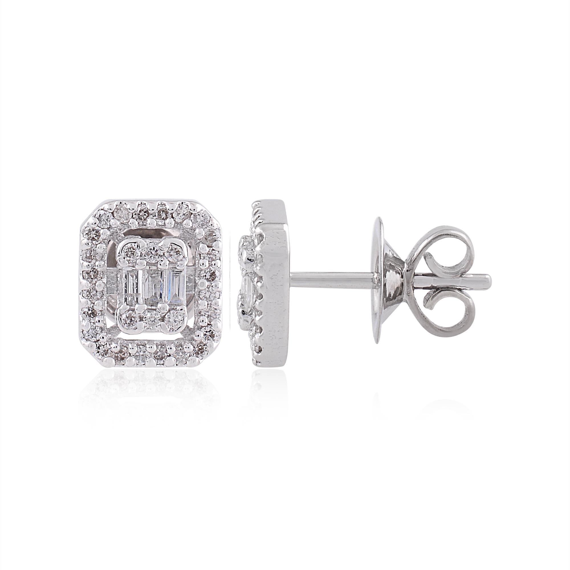 Indulge in timeless elegance with these exquisite Baguette & Round Diamond Stud Earrings, crafted from lustrous 14 karat white gold by skilled artisans. Each pair is a testament to unparalleled craftsmanship and sophistication, designed to grace