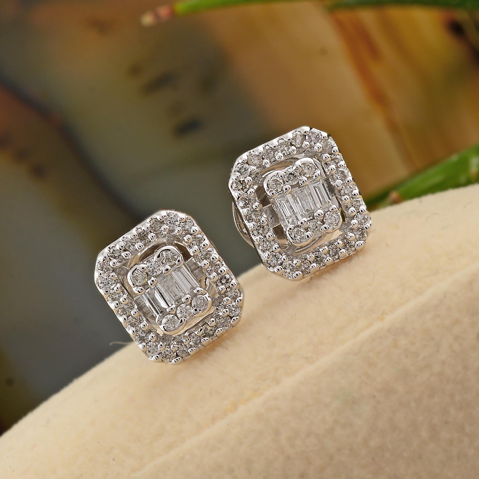 Modern Baguette & Round Diamond Stud Earrings 14 Karat White Gold Handmade Fine Jewelry For Sale
