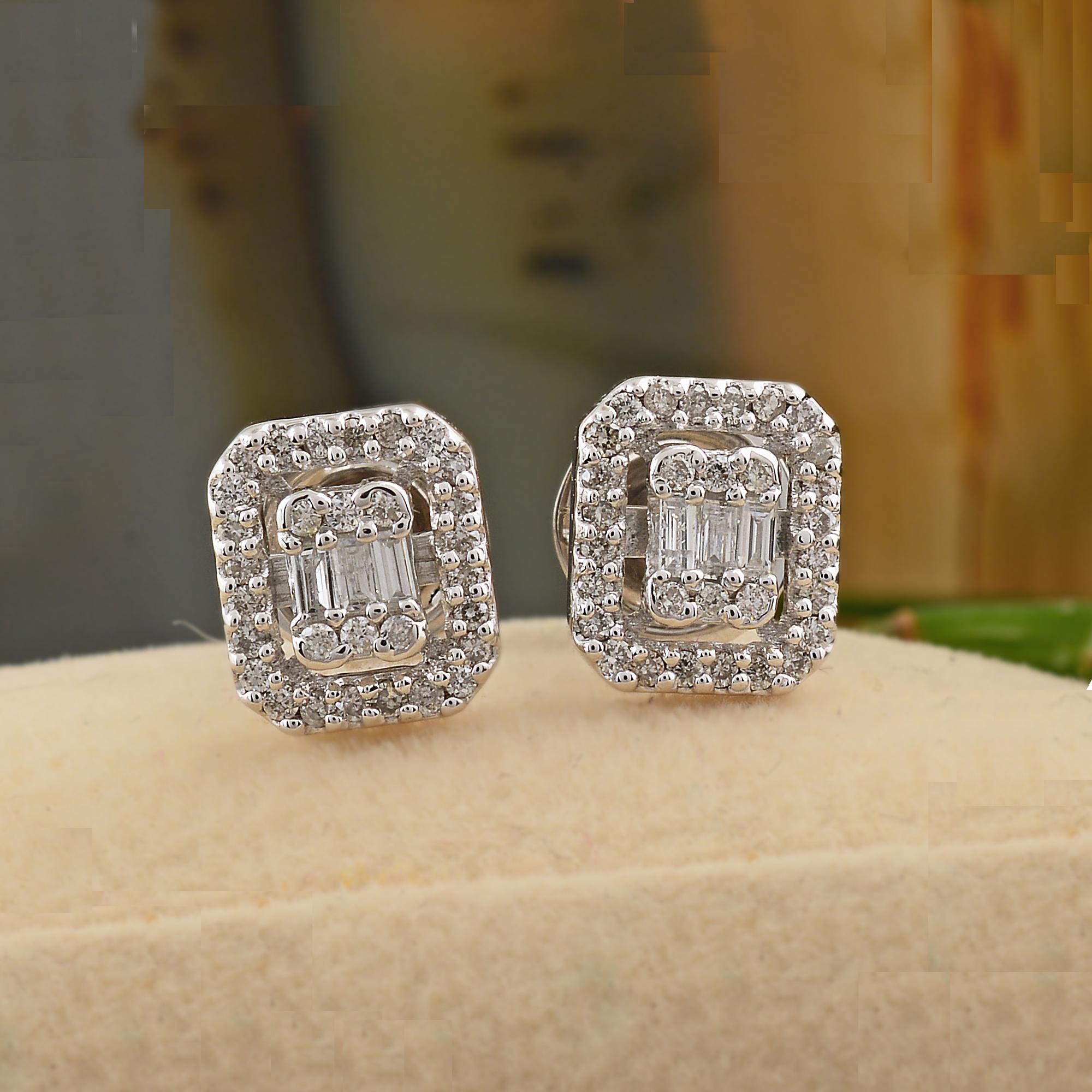 Baguette Cut Baguette & Round Diamond Stud Earrings 14 Karat White Gold Handmade Fine Jewelry For Sale