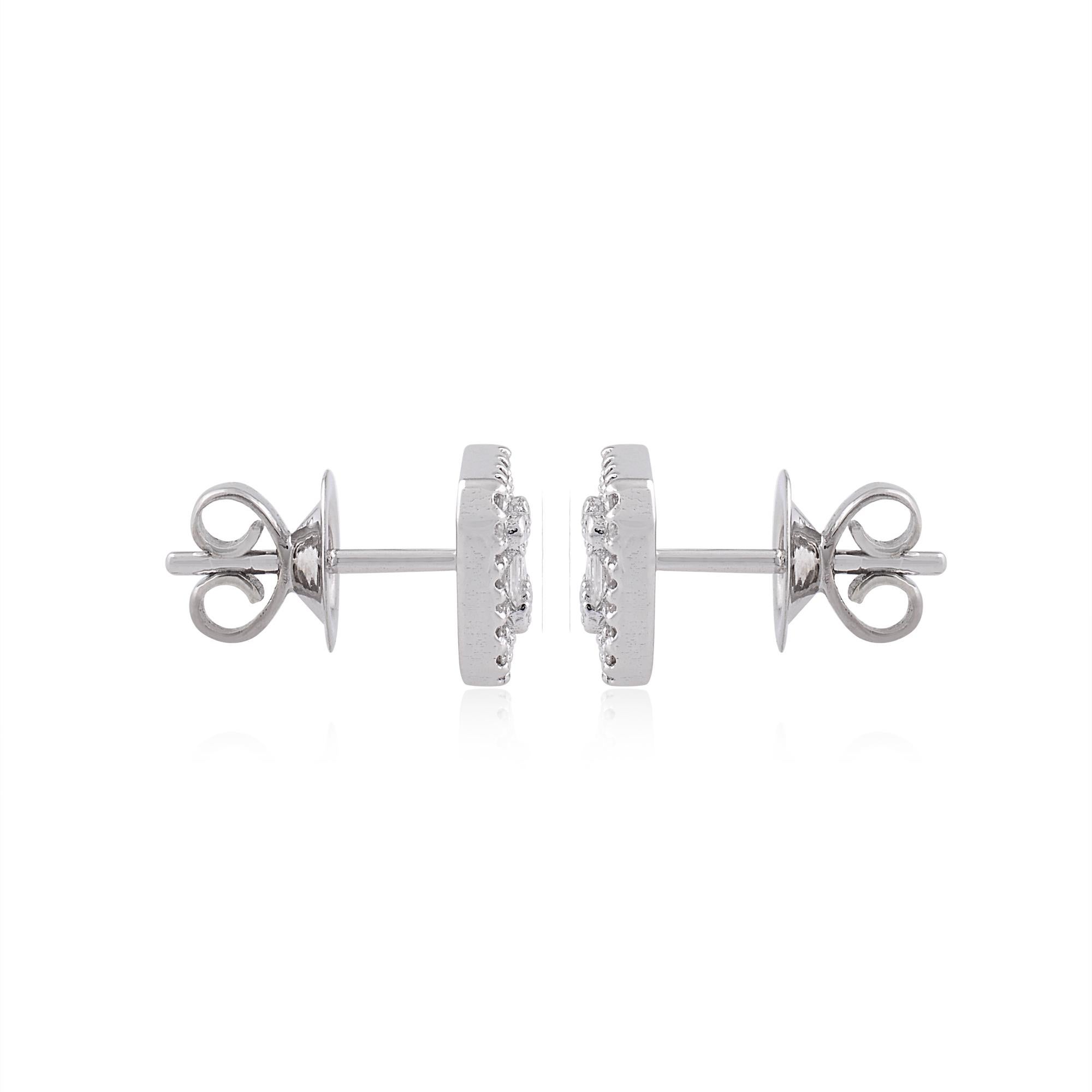 Baguette & Round Diamond Stud Earrings 14 Karat White Gold Handmade Fine Jewelry In New Condition For Sale In Diera, Dubai