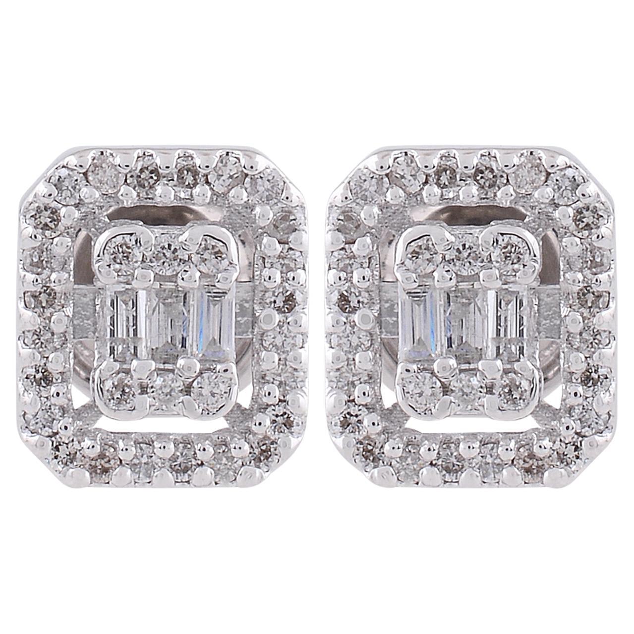 Baguette & Round Diamond Stud Earrings 14 Karat White Gold Handmade Fine Jewelry
