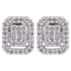Baguette & Round Diamond Stud Earrings 14 Karat White Gold Handmade Fine Jewelry