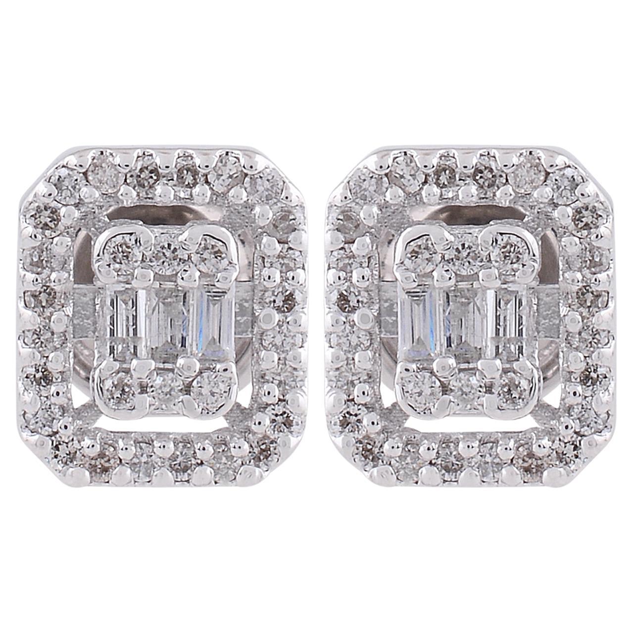 Clous d'oreilles en or blanc 18 carats avec diamants baguettes et ronds, fabrication artisanale