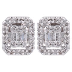 Baguette & Round Diamond Stud Earrings 18 Karat White Gold Handmade Fine Jewelry