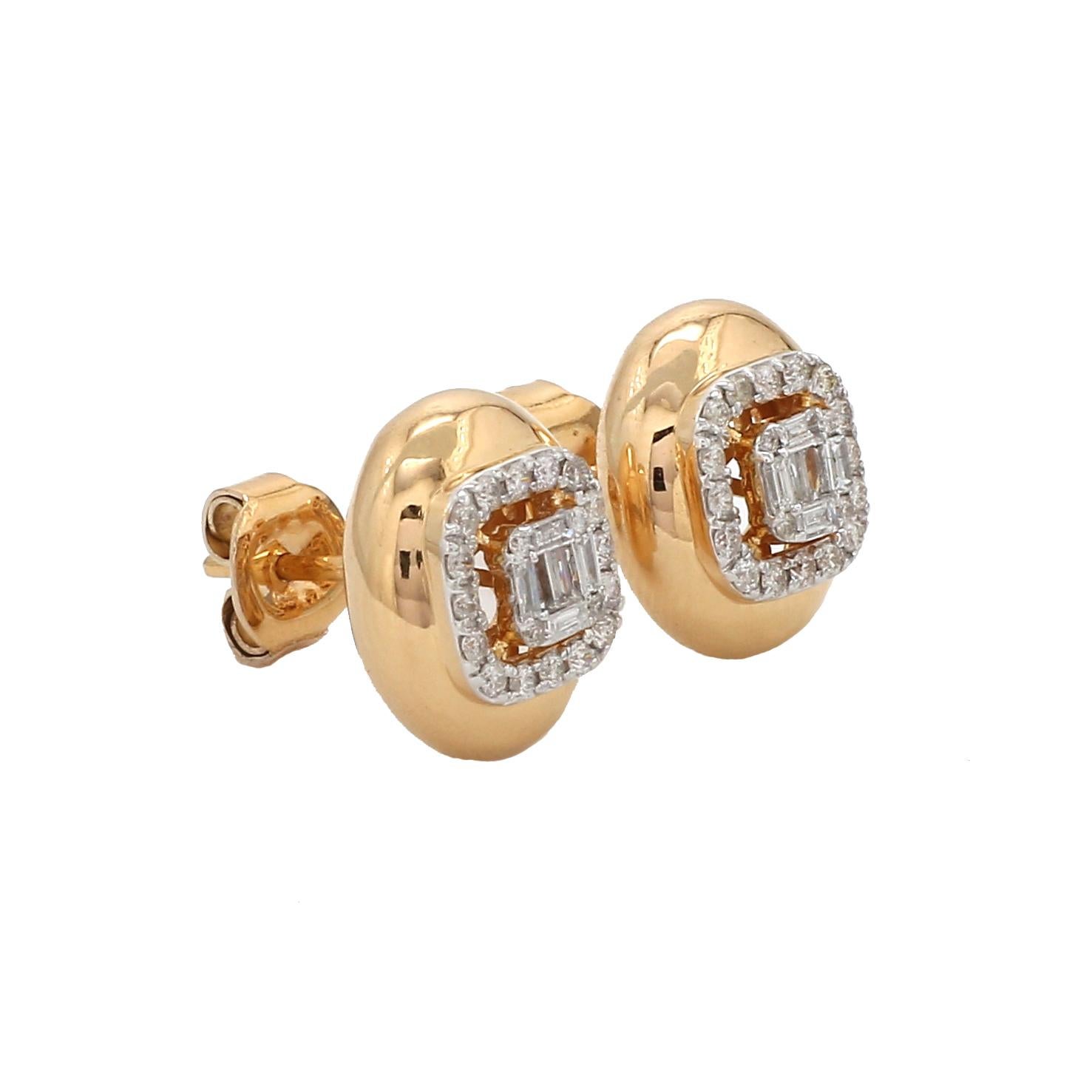 Modern Baguette & Round Diamond Stud Earrings 18 Karat Yellow Gold Handmade Jewelry For Sale