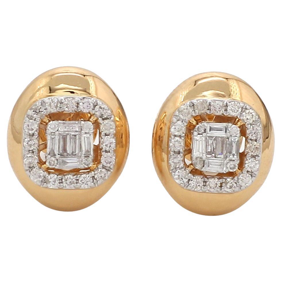 Baguette & Round Diamond Stud Earrings 18 Karat Yellow Gold Handmade Jewelry