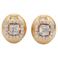 Baguette & Round Diamond Stud Earrings 18 Karat Yellow Gold Handmade Jewelry