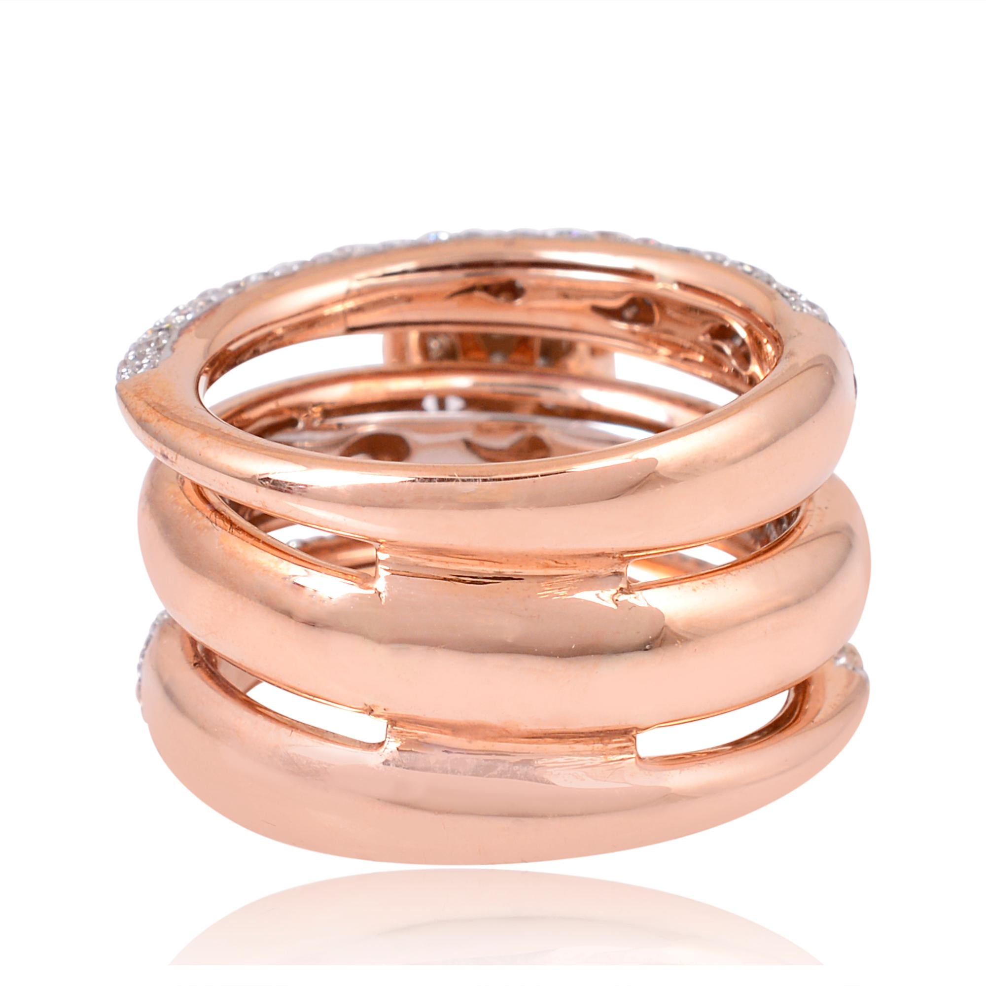 Modern Baguette Round Diamond Three Band Ring 18 Karat Rose Gold Handmade Fine Jewelry For Sale