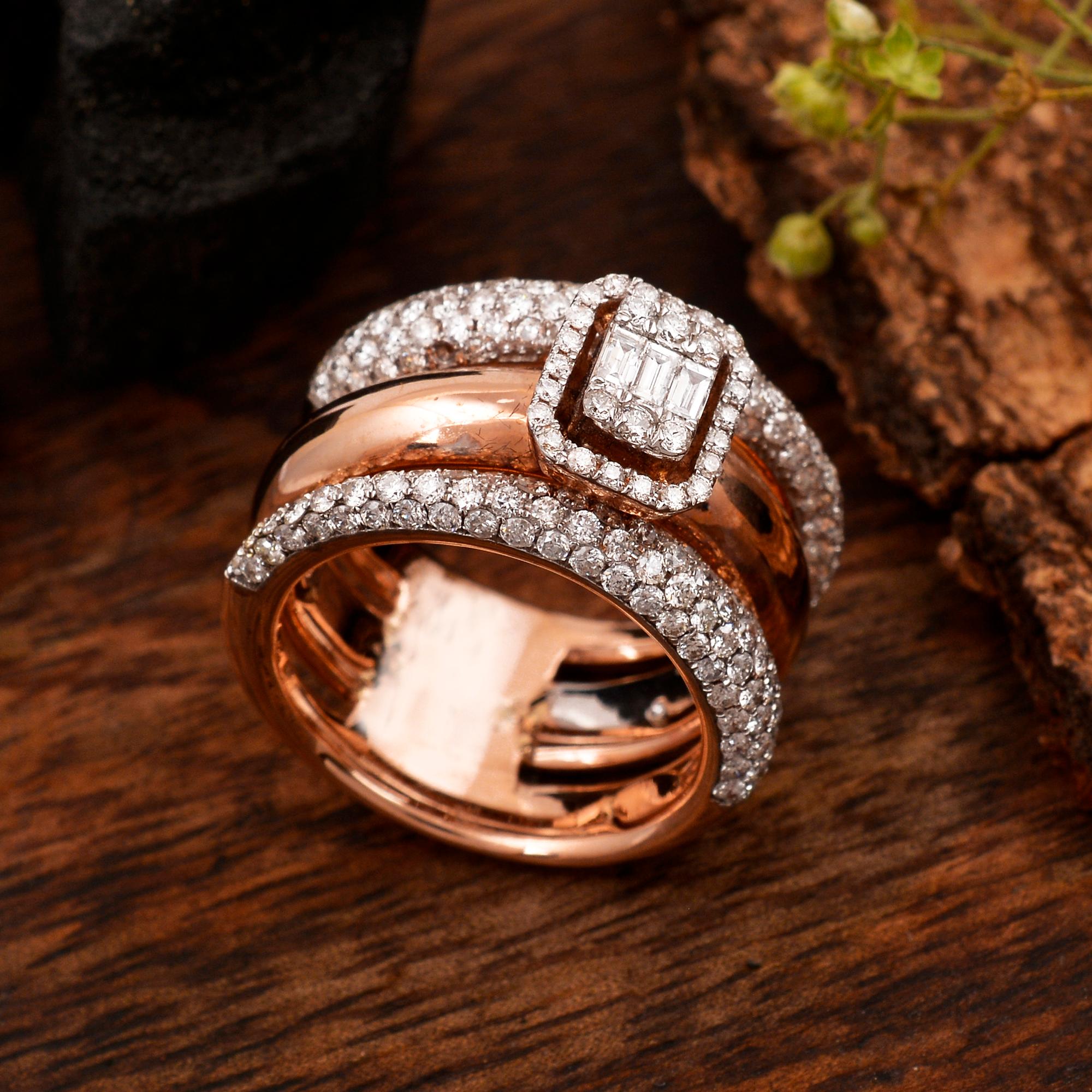 Women's Baguette Round Diamond Three Band Ring 18 Karat Rose Gold Handmade Fine Jewelry For Sale