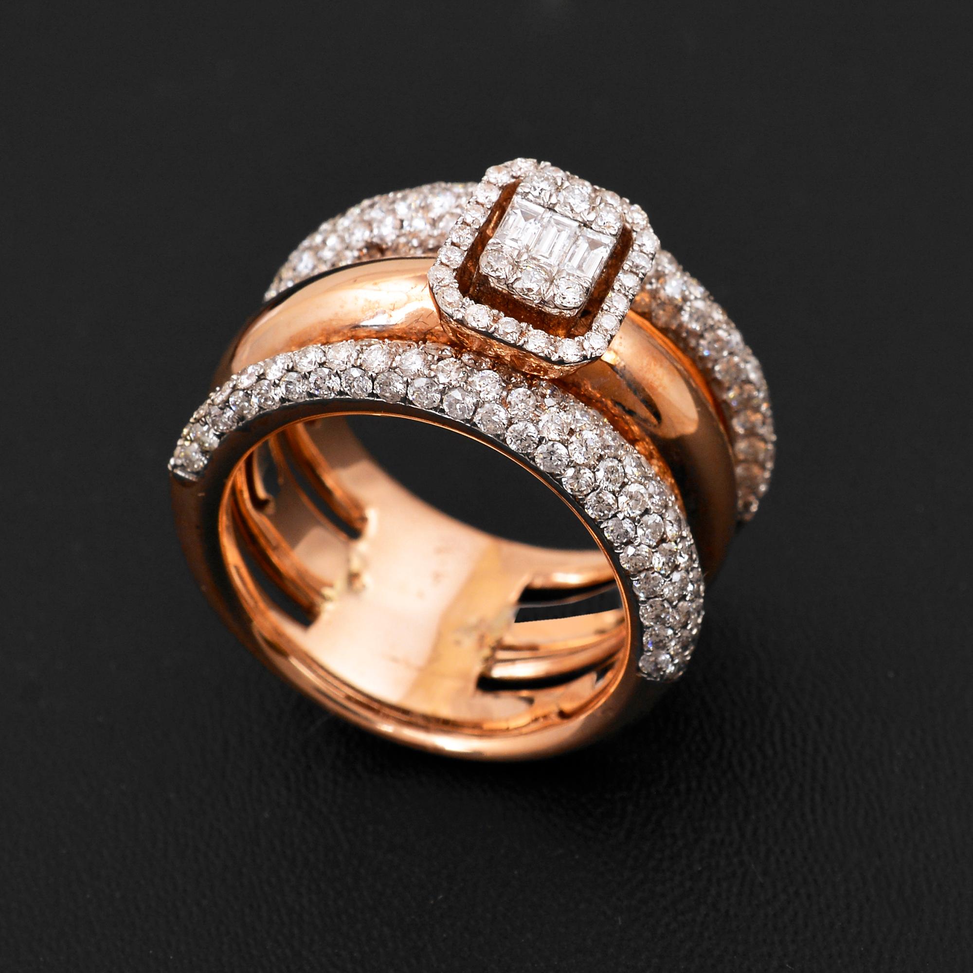 Baguette Round Diamond Three Band Ring 18 Karat Rose Gold Handmade Fine Jewelry For Sale 1