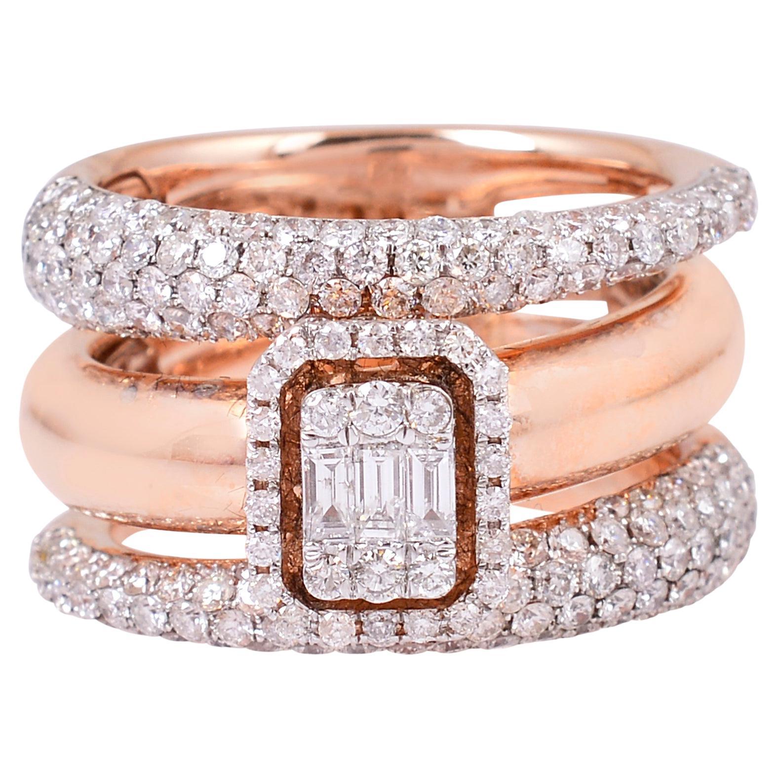 Baguette Round Diamond Three Band Ring 18 Karat Rose Gold Handmade Fine Jewelry For Sale