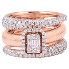 Handgefertigter, runder Baguette-Diamant-Dreiband-Ring aus 18 Karat Roségold