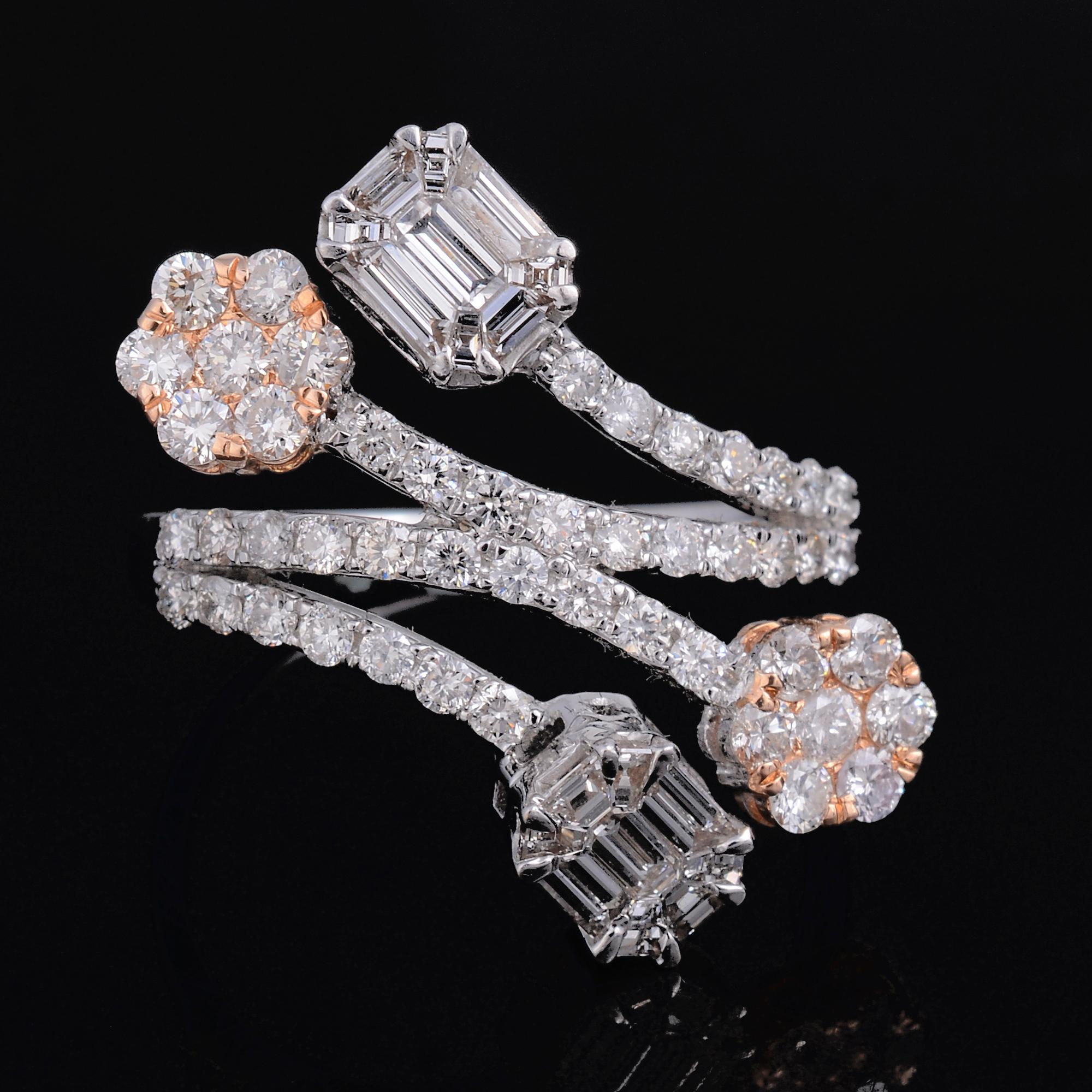 Women's Baguette Round Diamond Wrap Ring 18 Karat Rose & White Gold Handmade Jewelry For Sale