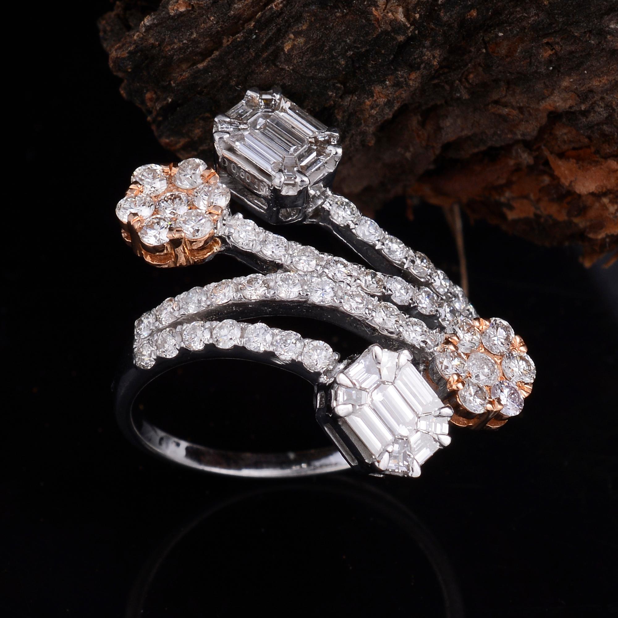 Baguette Round Diamond Wrap Ring 18 Karat Rose & White Gold Handmade Jewelry For Sale 1