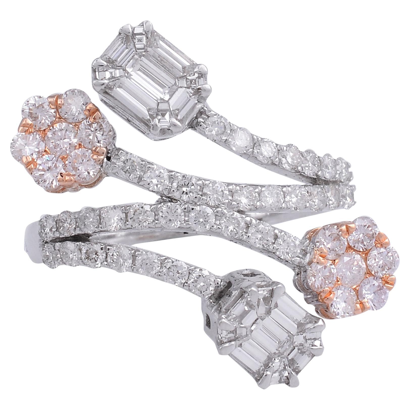 Baguette Round Diamond Wrap Ring 18 Karat Rose & White Gold Handmade Jewelry For Sale