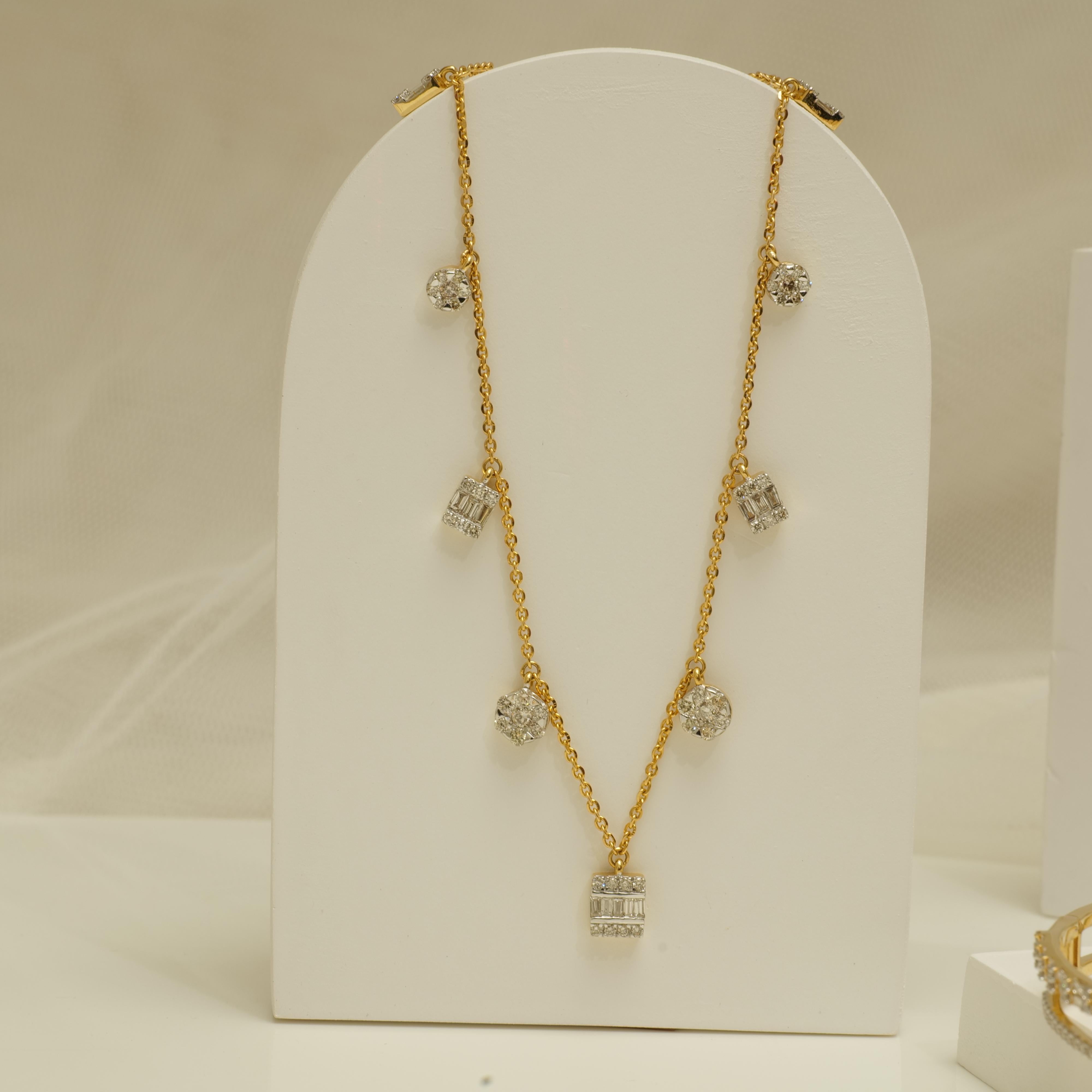 Art Deco Baguette & Round Diamonds Charms Necklace in 18k Solid Gold For Sale