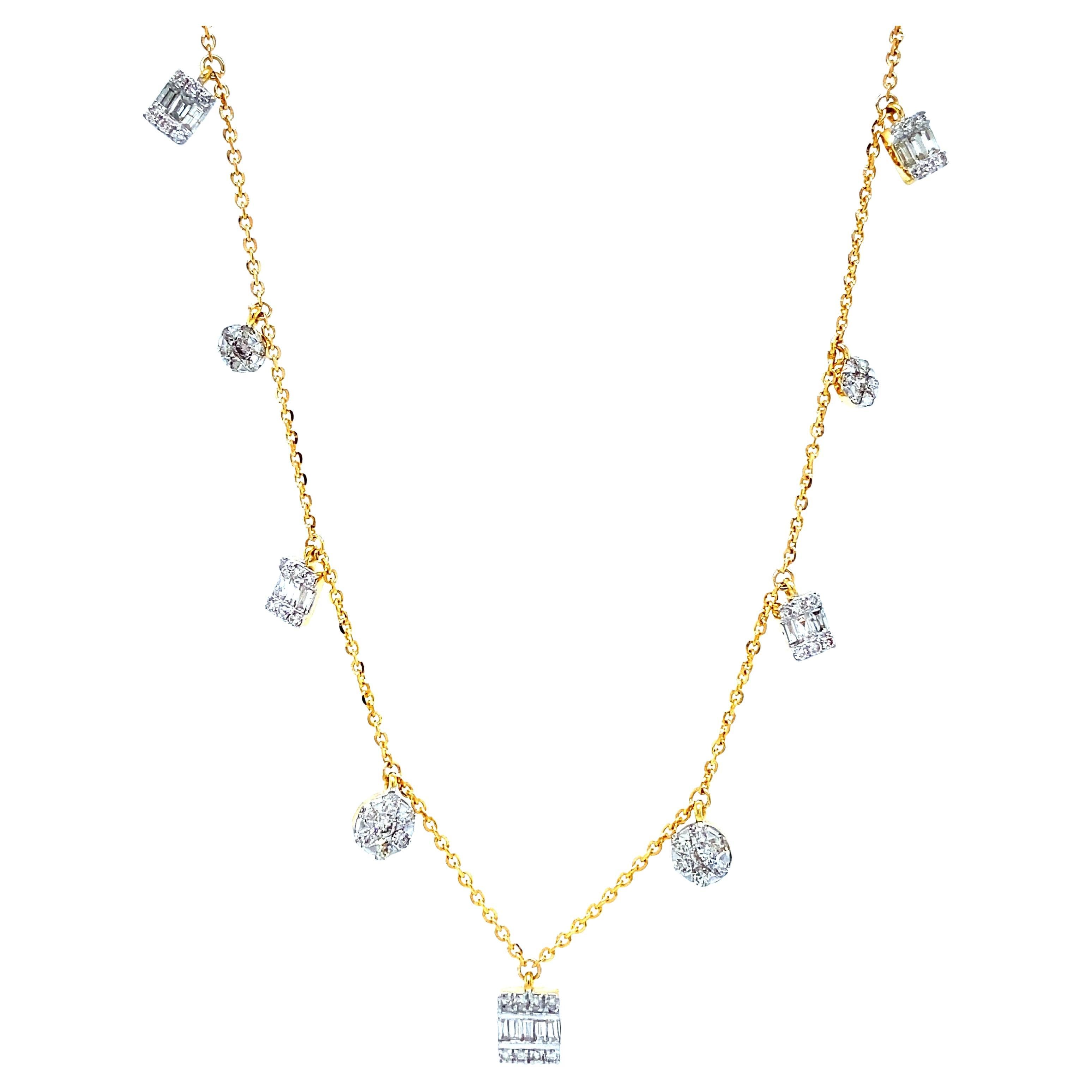 Baguette & Round Diamonds Charms Necklace in 18k Solid Gold