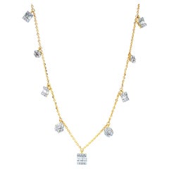 Baguette & Runde Diamanten Charms Halskette in 18k massivem Gold