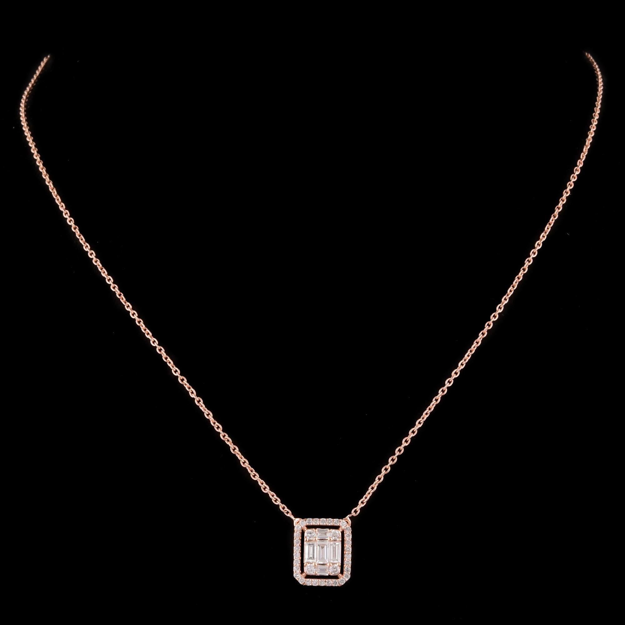 Taglio baguette Collana con diamante naturale Baguette e rotondo in oro rosa 18k Gioielli di pregio in vendita