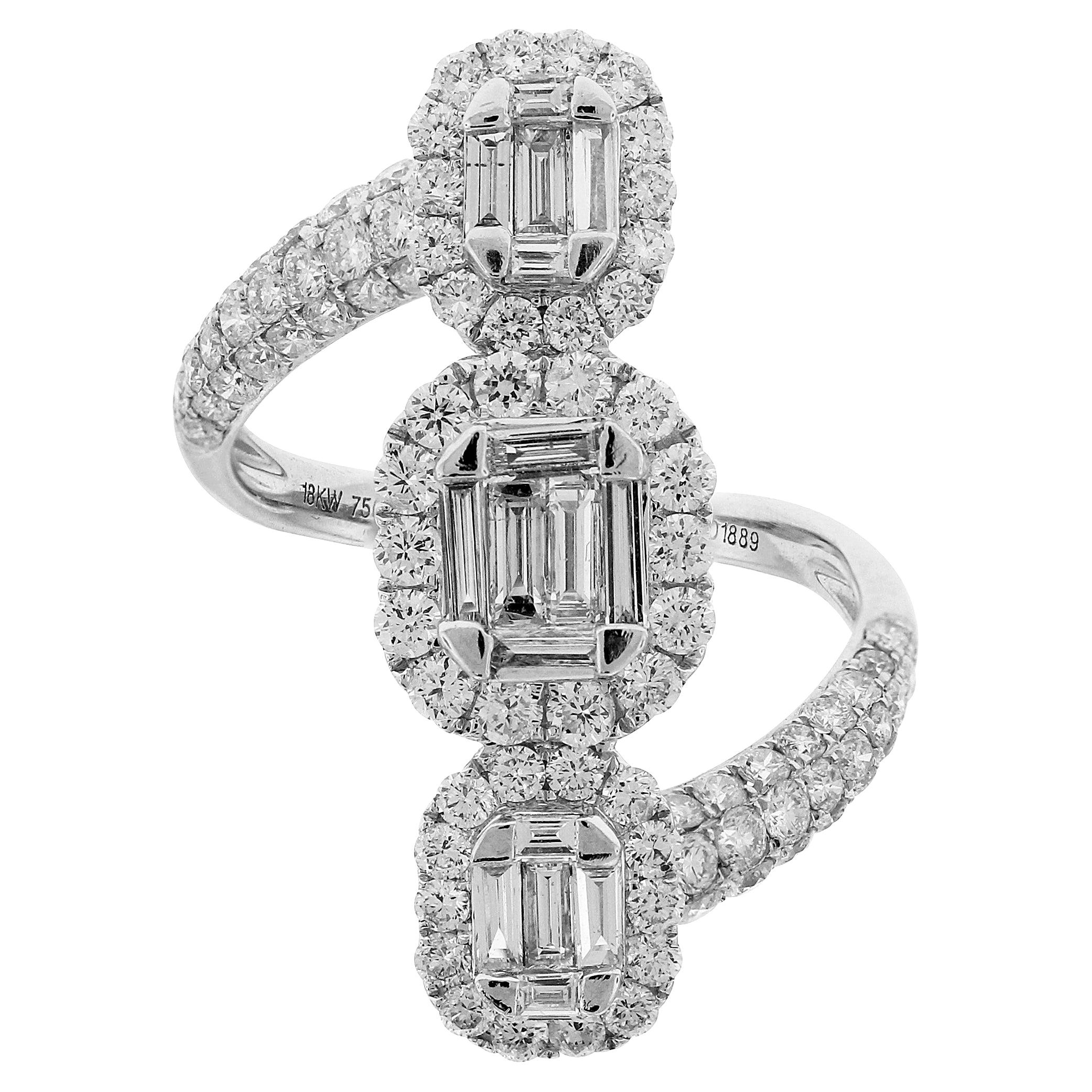 Baguette Round Pavé Set Diamond 18 Karat White Gold Bypass Three Section Ring