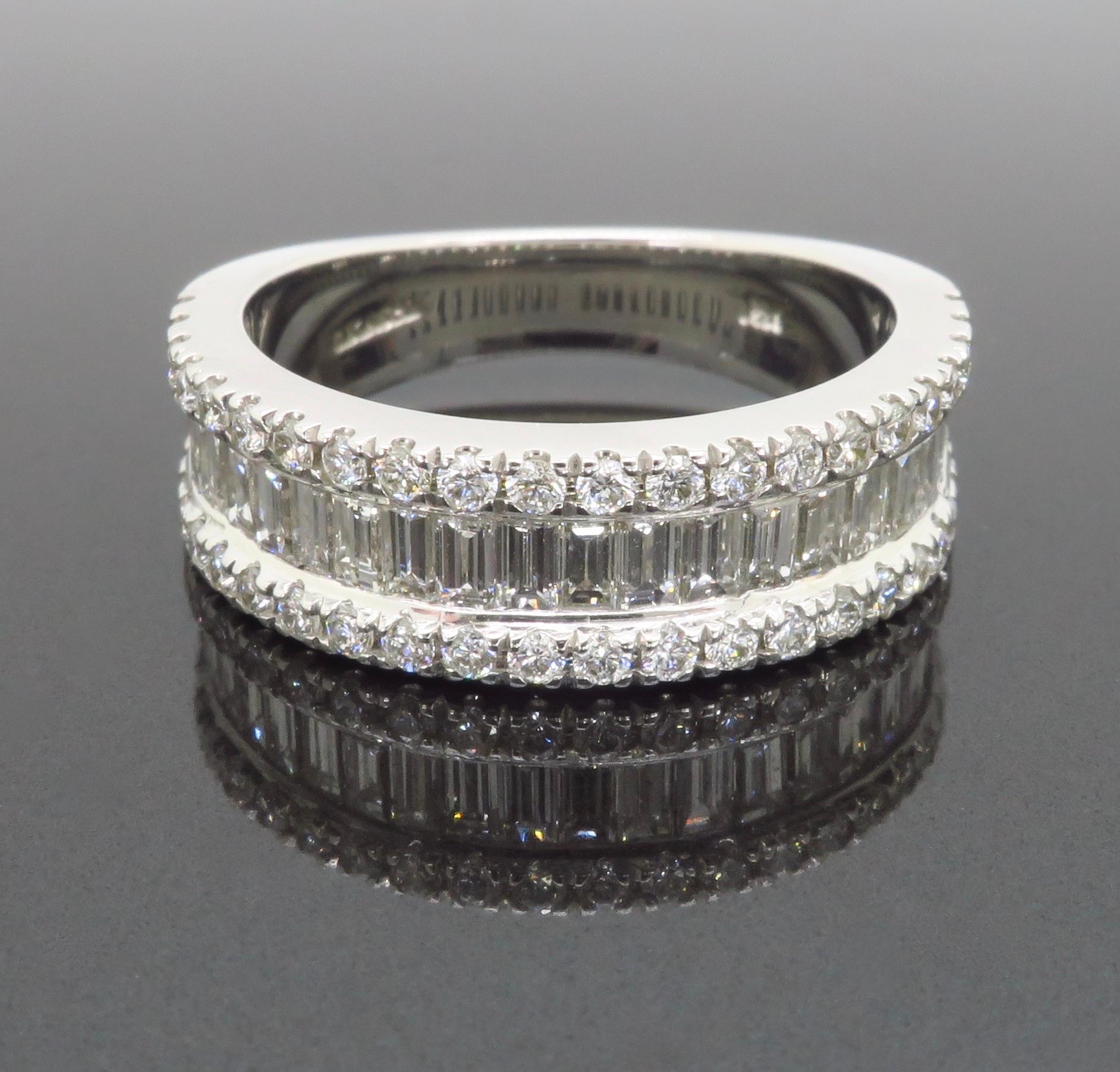 Baguette & Round Three Row Diamond Ring For Sale 3