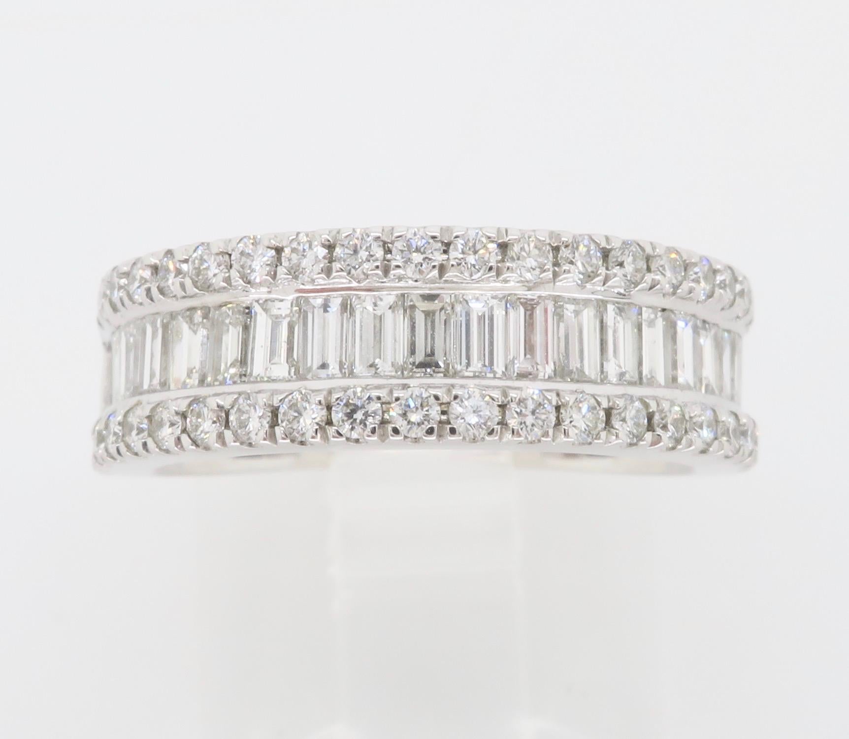 Baguette & Round Three Row Diamond Ring For Sale 4