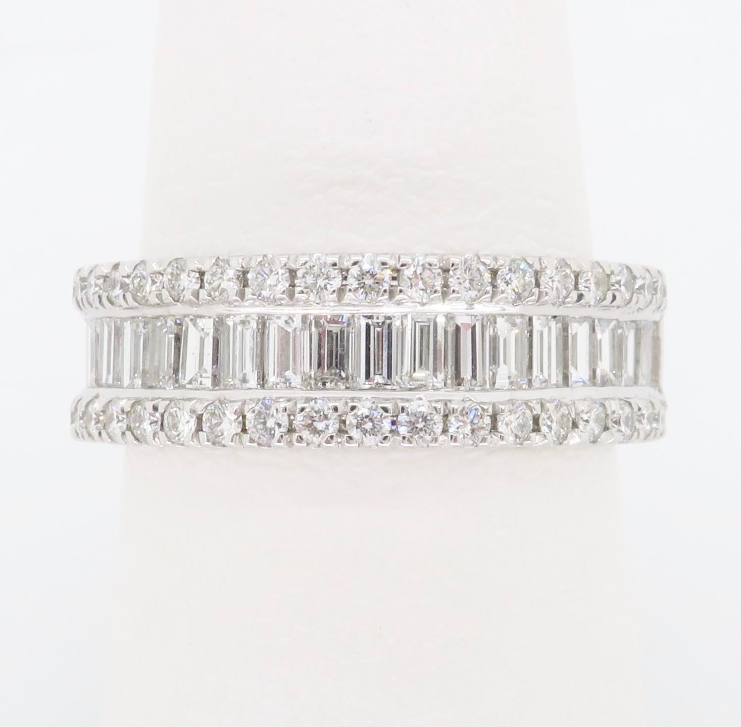 Baguette & Round Three Row Diamond Ring For Sale 5