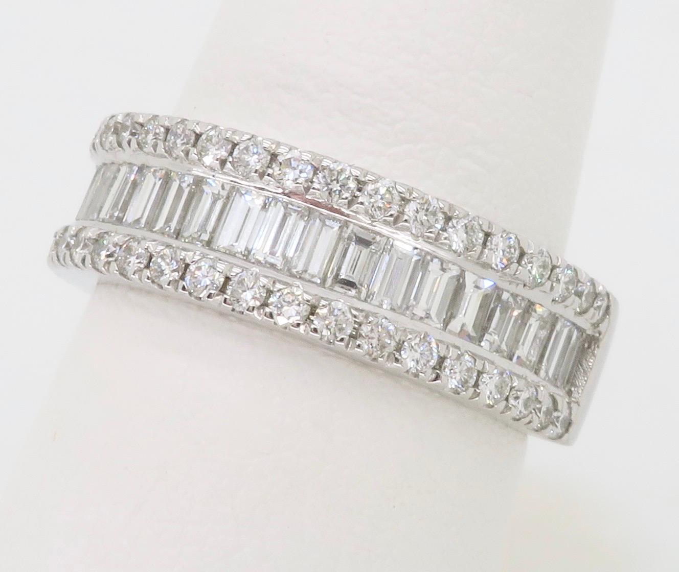 Round Cut Baguette & Round Three Row Diamond Ring For Sale