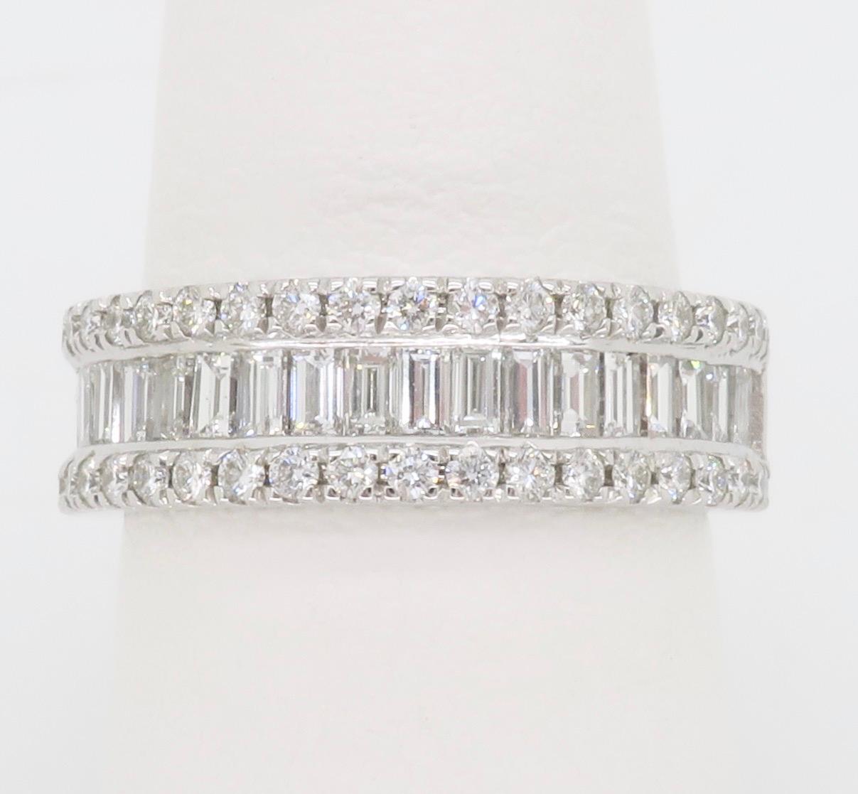 Baguette & Round Three Row Diamond Ring In New Condition For Sale In Webster, NY