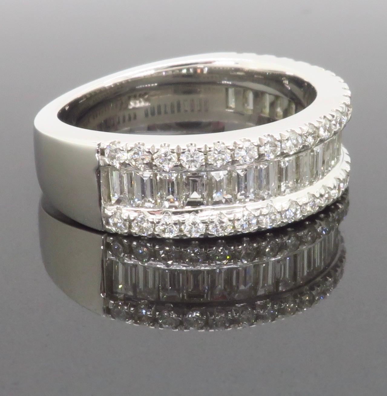 Women's Baguette & Round Three Row Diamond Ring For Sale