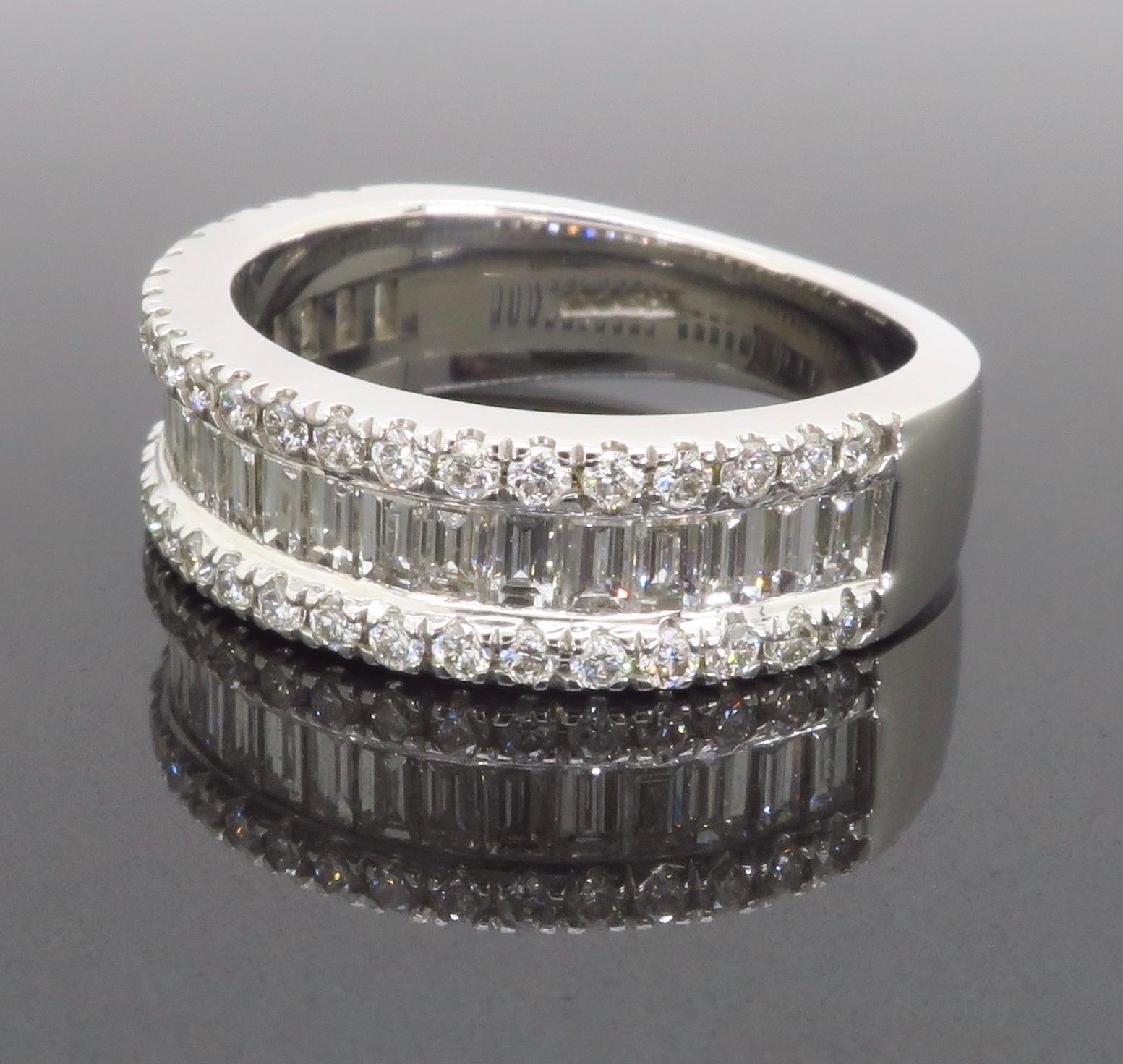 Baguette & Round Three Row Diamond Ring For Sale 2