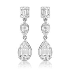 Baguette Round Triple 14K (or 18k upon request) Yellow Gold Drop Dangle Earrings